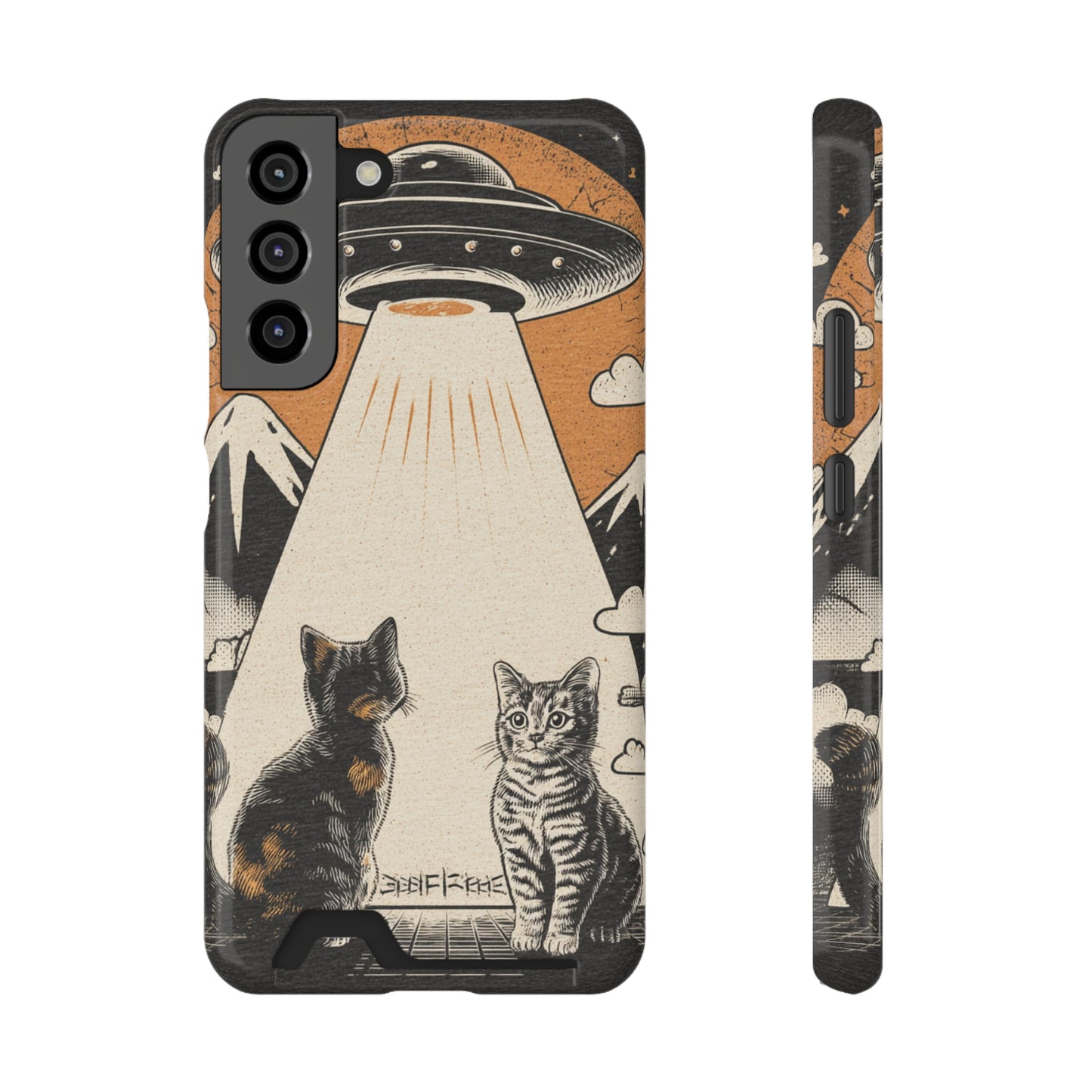 Cat UFO Phone Case with Card Holder, Trendy Cat Lover Gift, Space Theme Accessories, Unique Pet Owner Present, Cute Feline Design