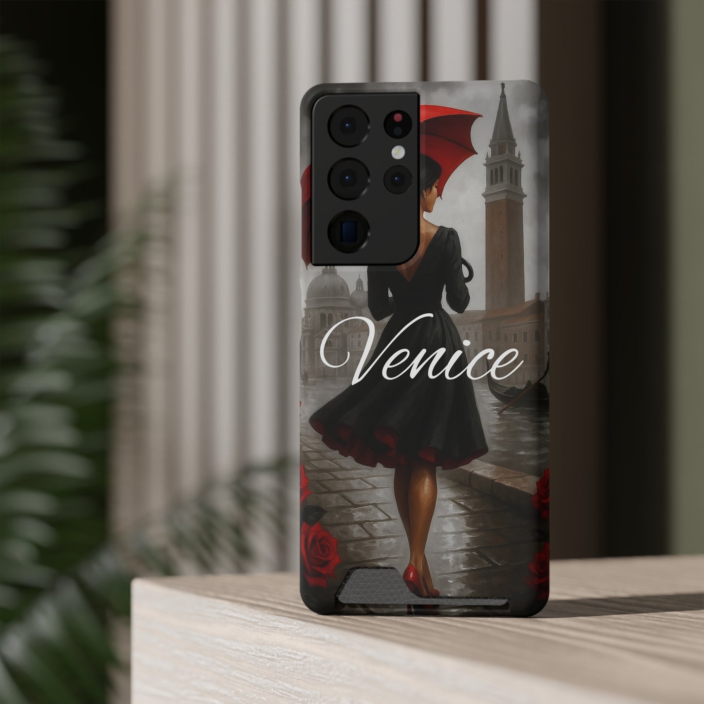 Phone Case With Card Holder, Venice Woman Design, Rainy Day Phone Wallet, Traveler Gift, Italian Art Accessory, Cute Cellphone Cover