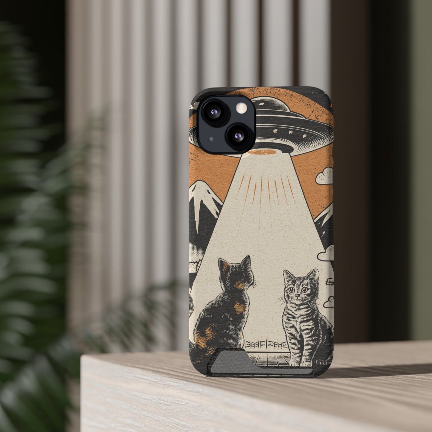 Cat UFO Phone Case with Card Holder, Trendy Cat Lover Gift, Space Theme Accessories, Unique Pet Owner Present, Cute Feline Design