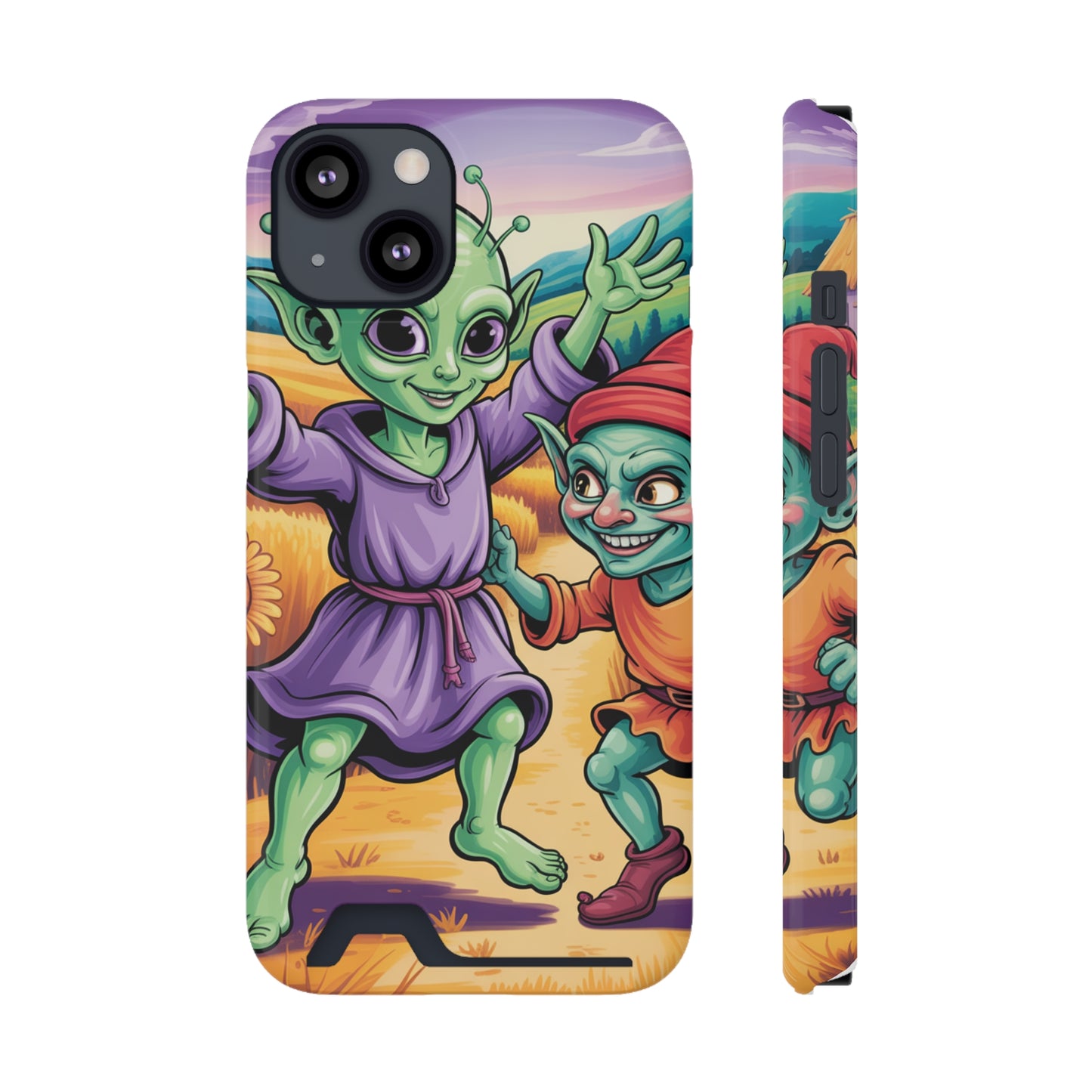 Playful Alien Phone Case with Card Holder | Cute Green Characters | Gift for Kids, Sci-Fi Fanatic, Birthday Fun, Unique Design