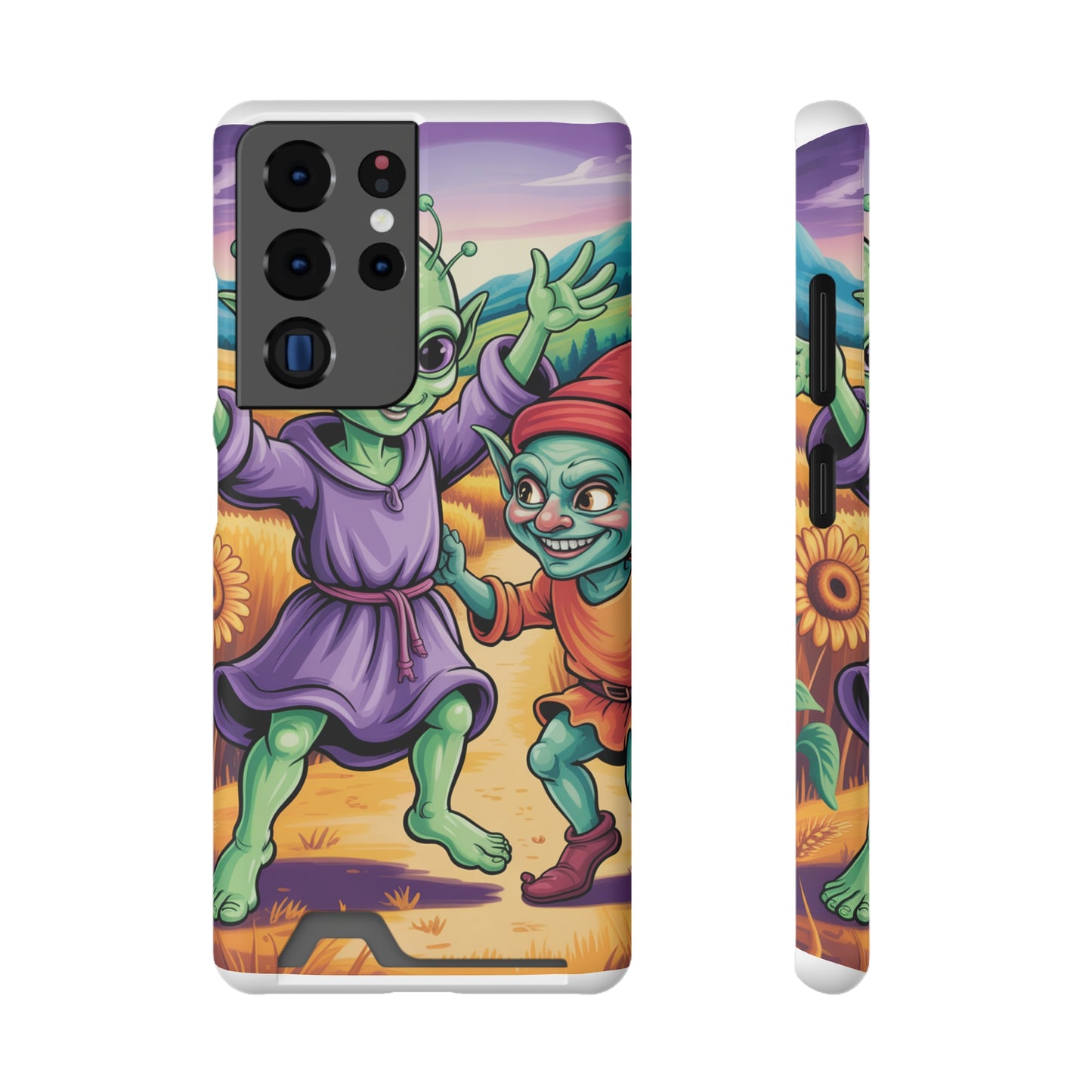 Playful Alien Phone Case with Card Holder | Cute Green Characters | Gift for Kids, Sci-Fi Fanatic, Birthday Fun, Unique Design