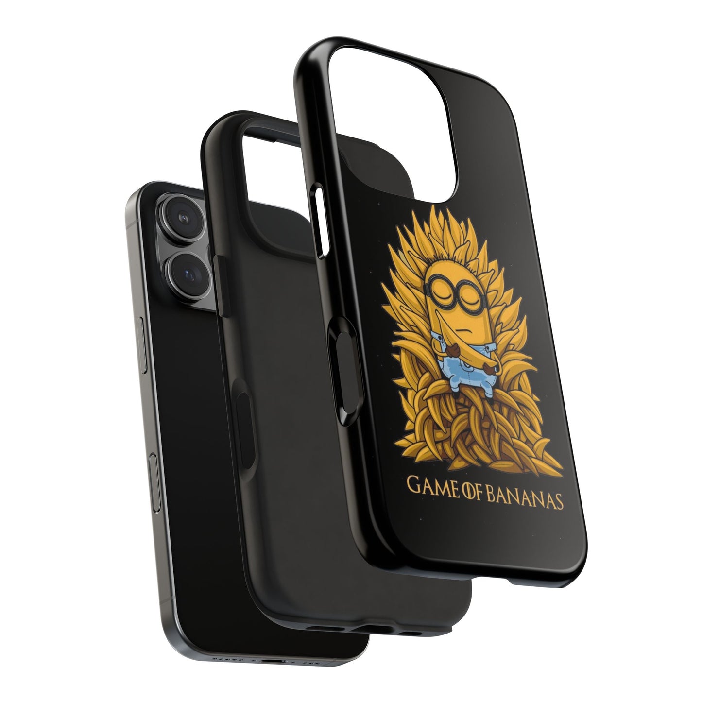 iPhone 17 tough case in vintage black with bold Game of BANANAS retro arcade artwork on glossy hard shell