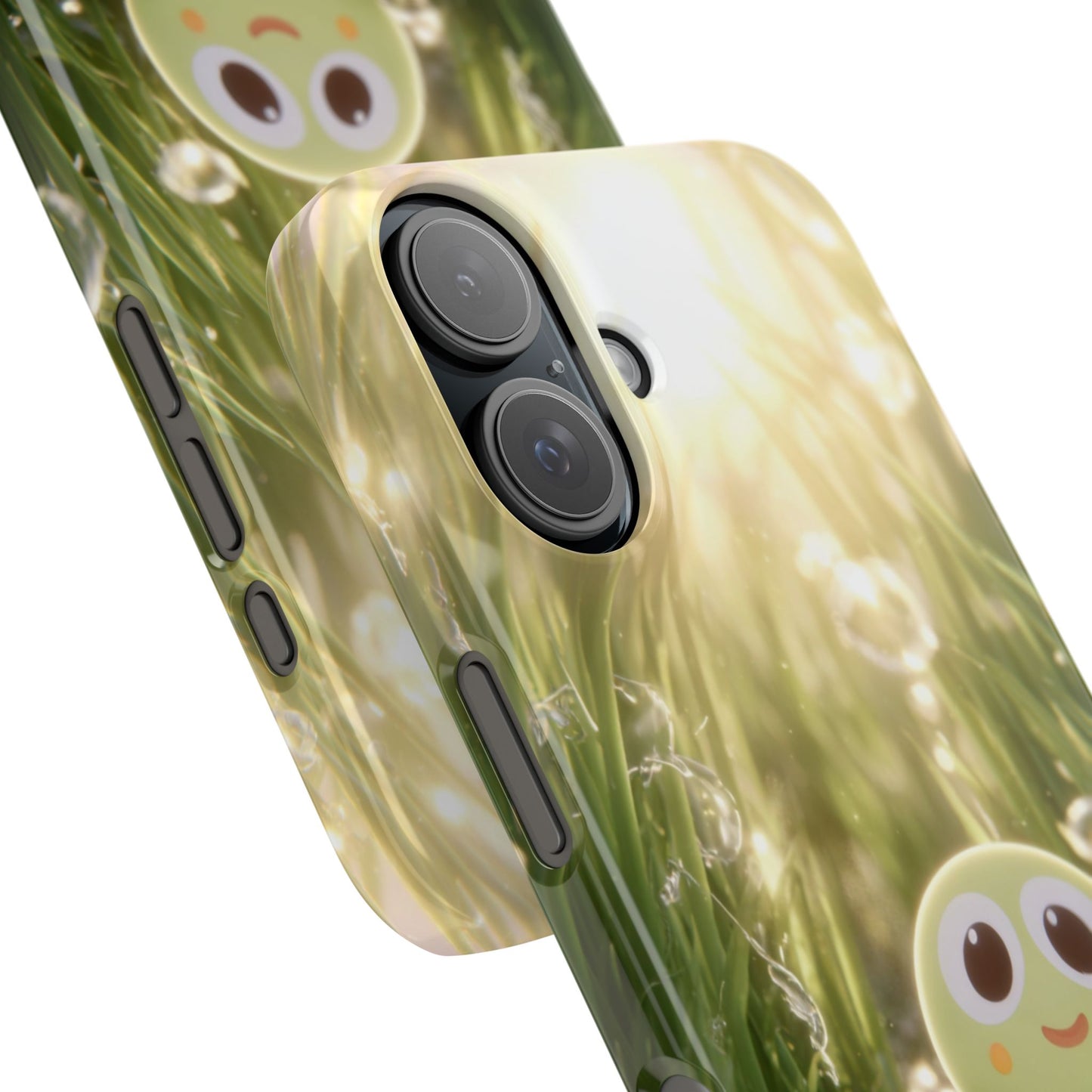 Kawaii frog cartoon snap phone case with colorful nature-inspired design on white background