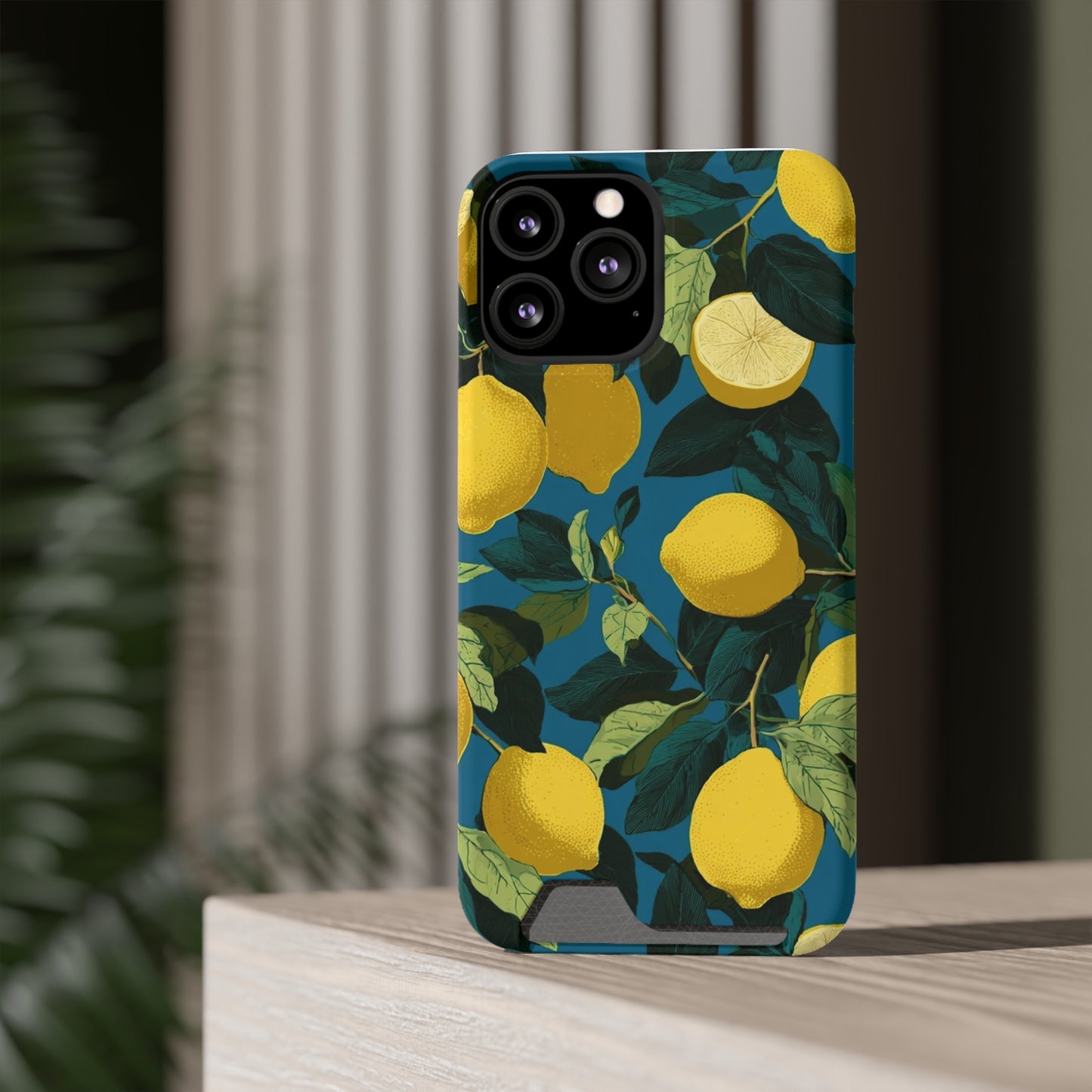 Lemon Print Phone Case with Card Holder, Chic Phone Accessory, Gift for Her, Cell Phone Cover, Summer Vibe, Floral Phone Case