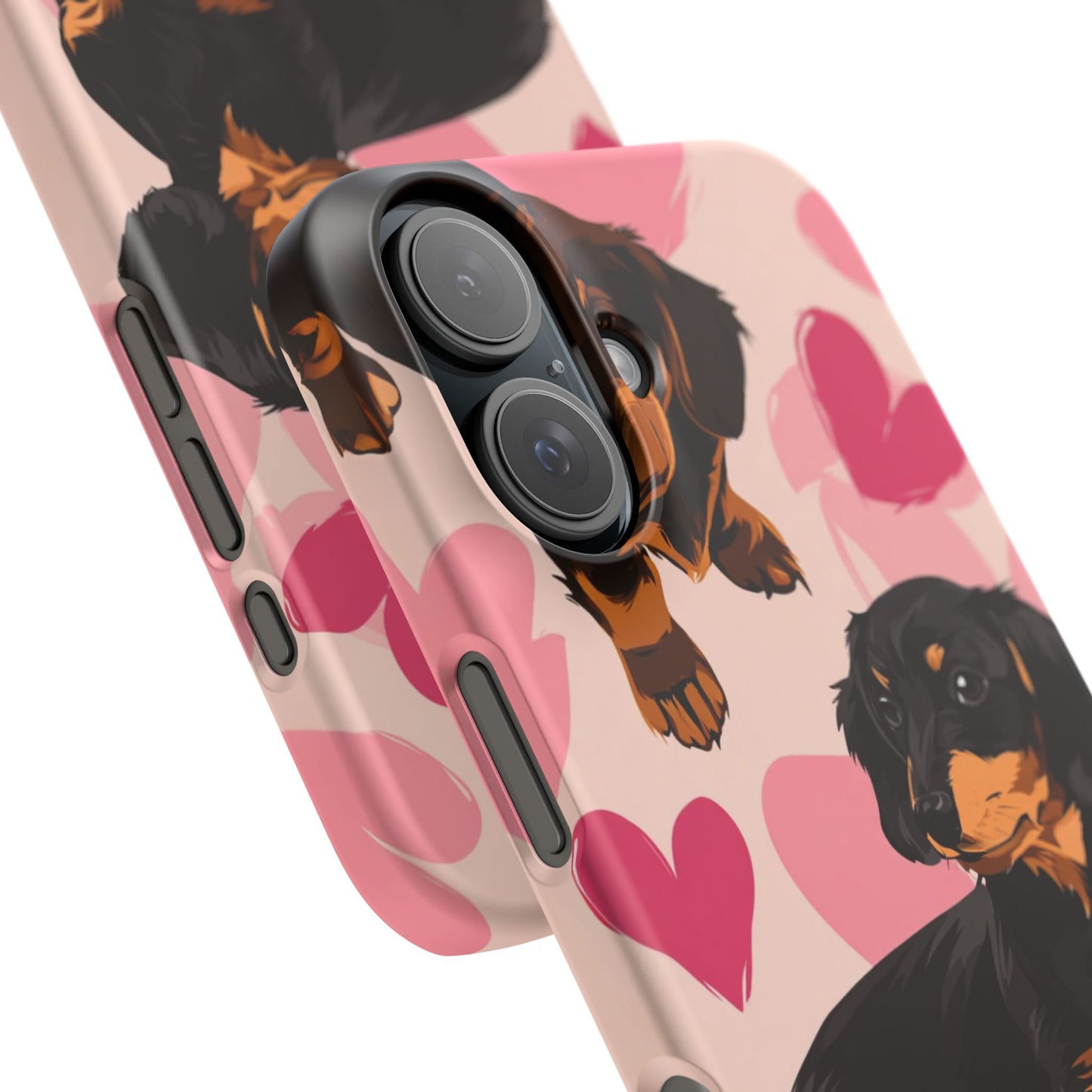 Pink phone case featuring whimsical dachshund and heart pattern design for iPhone and Samsung