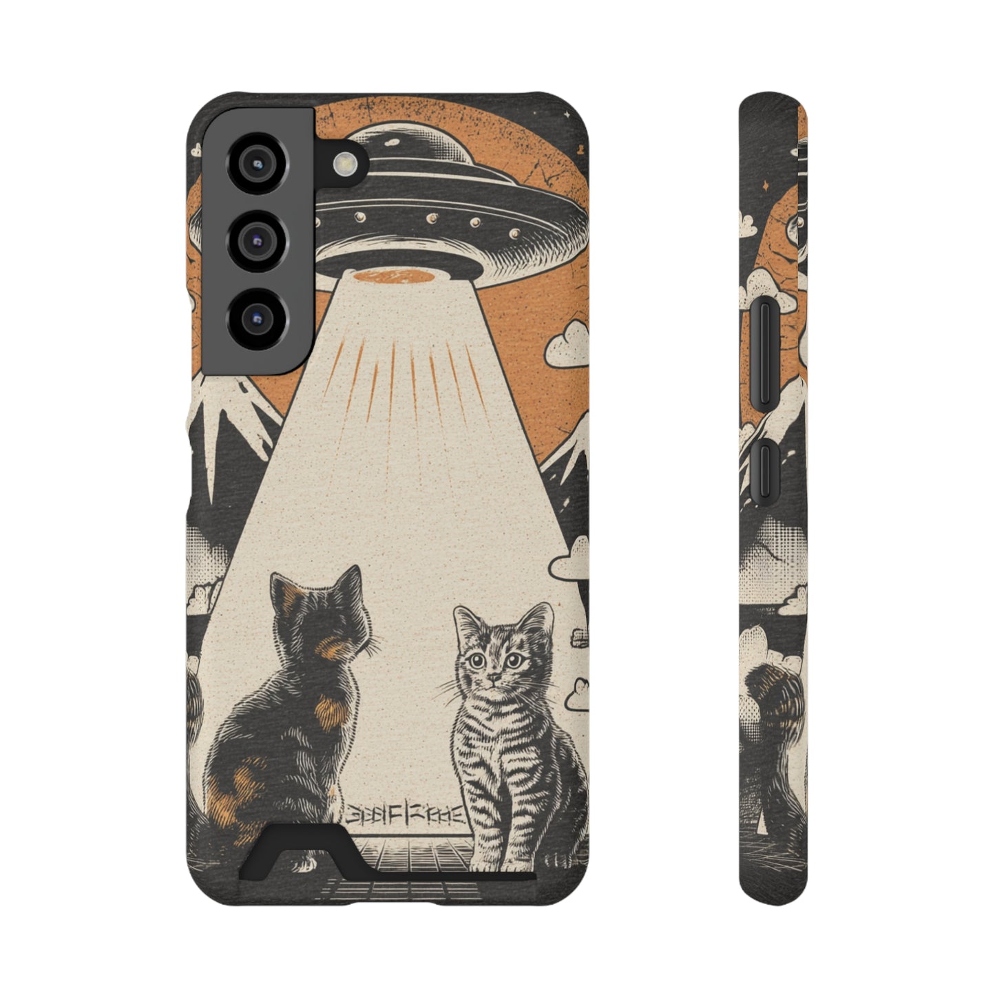 Cat UFO Phone Case with Card Holder, Trendy Cat Lover Gift, Space Theme Accessories, Unique Pet Owner Present, Cute Feline Design