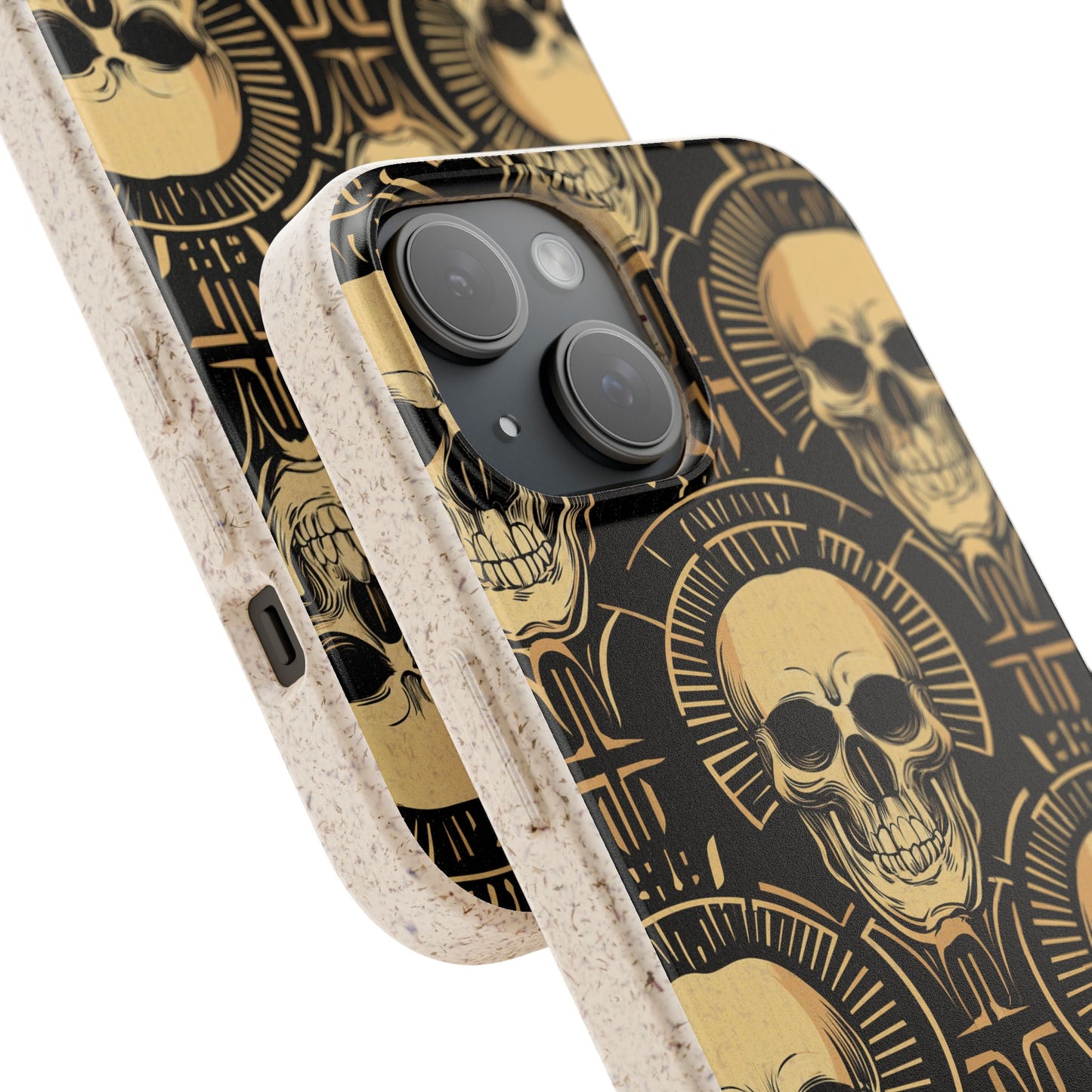 Eco-friendly biodegradable phone case with colorful skull graphic art design and soft matte finish