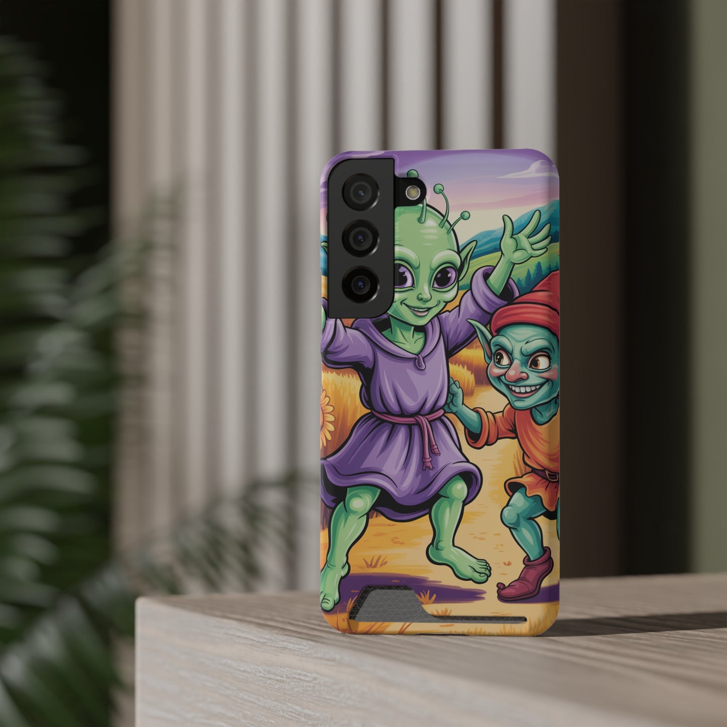 Playful Alien Phone Case with Card Holder | Cute Green Characters | Gift for Kids, Sci-Fi Fanatic, Birthday Fun, Unique Design