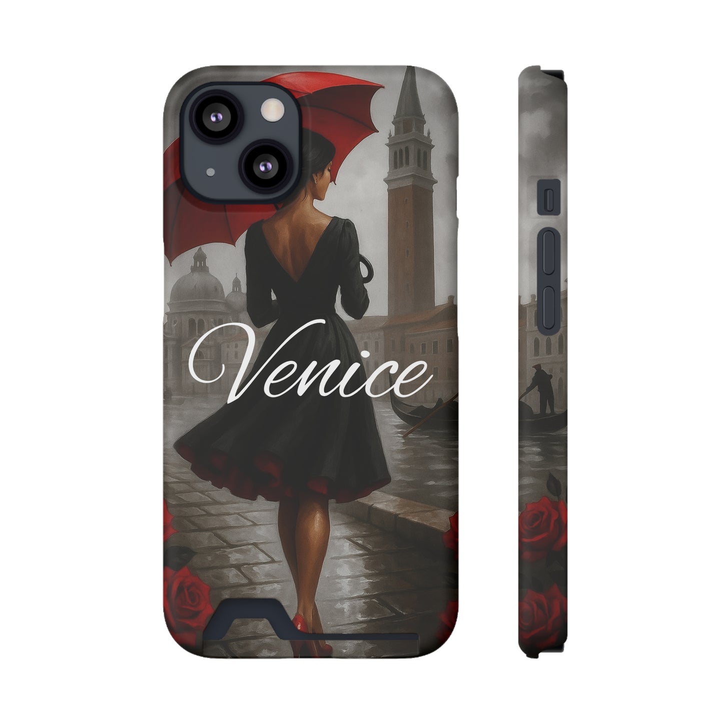 Phone Case With Card Holder, Venice Woman Design, Rainy Day Phone Wallet, Traveler Gift, Italian Art Accessory, Cute Cellphone Cover