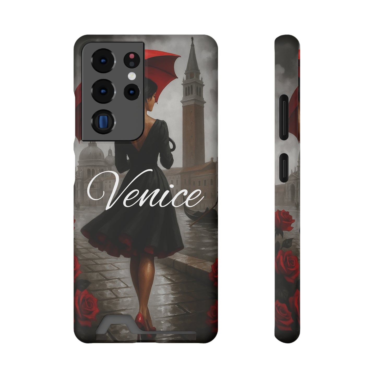 Phone Case With Card Holder, Venice Woman Design, Rainy Day Phone Wallet, Traveler Gift, Italian Art Accessory, Cute Cellphone Cover