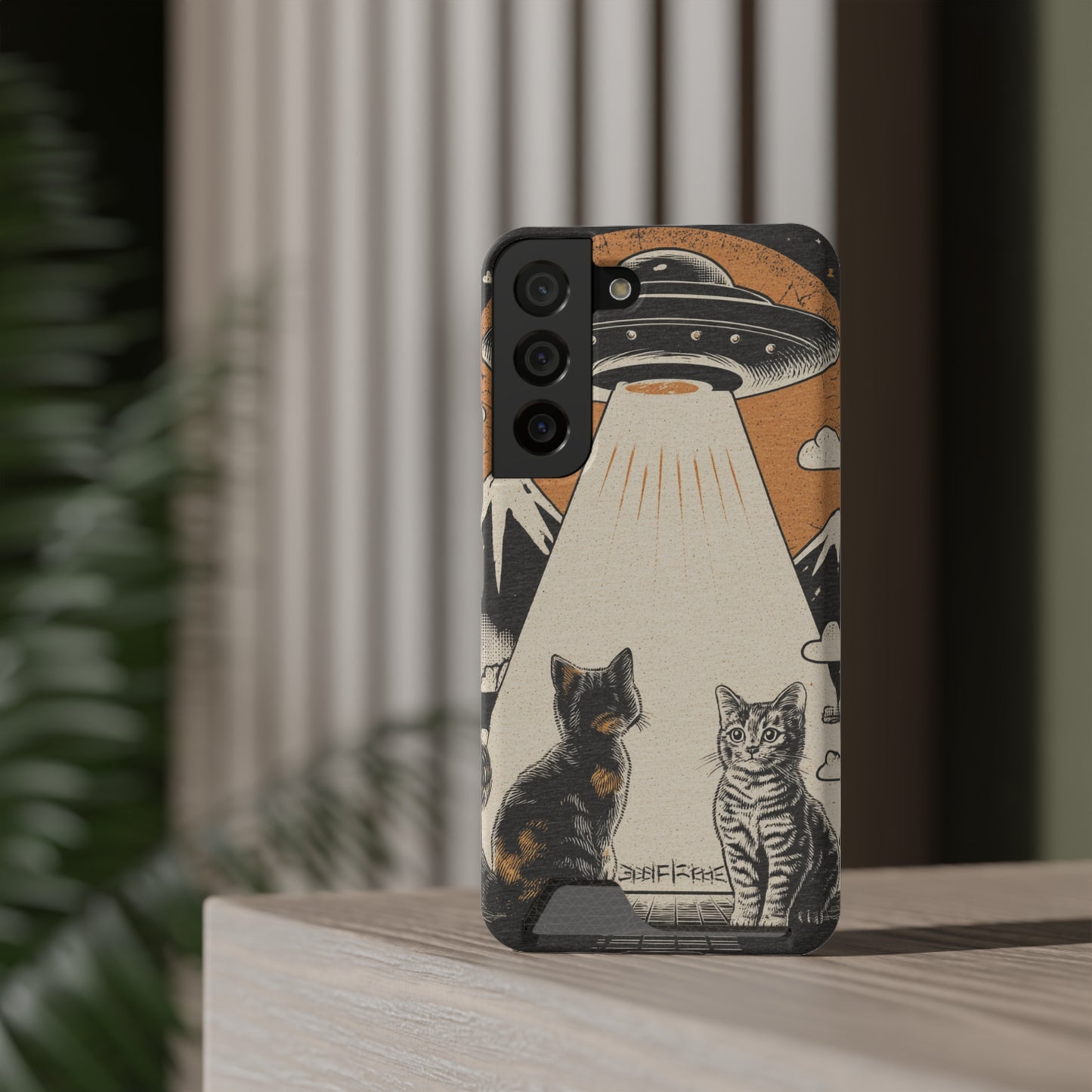 Cat UFO Phone Case with Card Holder, Trendy Cat Lover Gift, Space Theme Accessories, Unique Pet Owner Present, Cute Feline Design