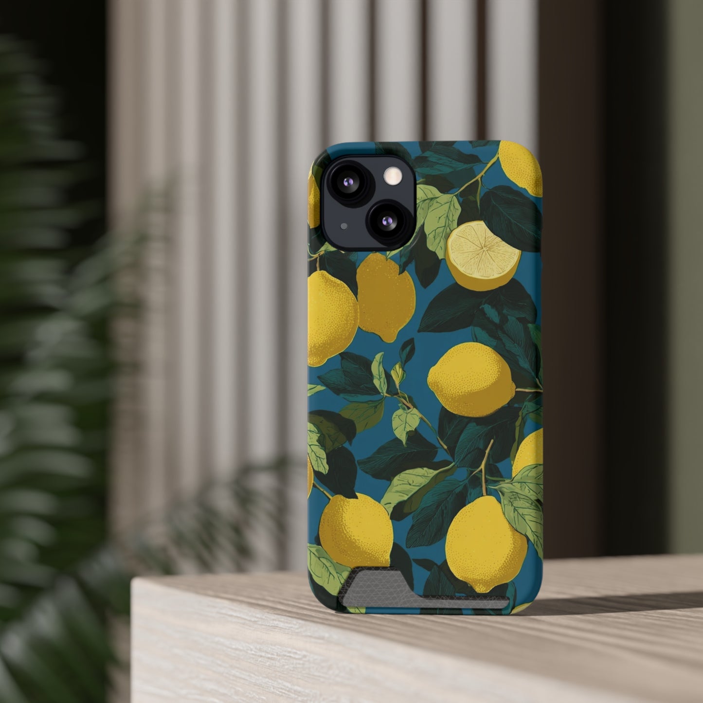 Lemon Print Phone Case with Card Holder, Chic Phone Accessory, Gift for Her, Cell Phone Cover, Summer Vibe, Floral Phone Case