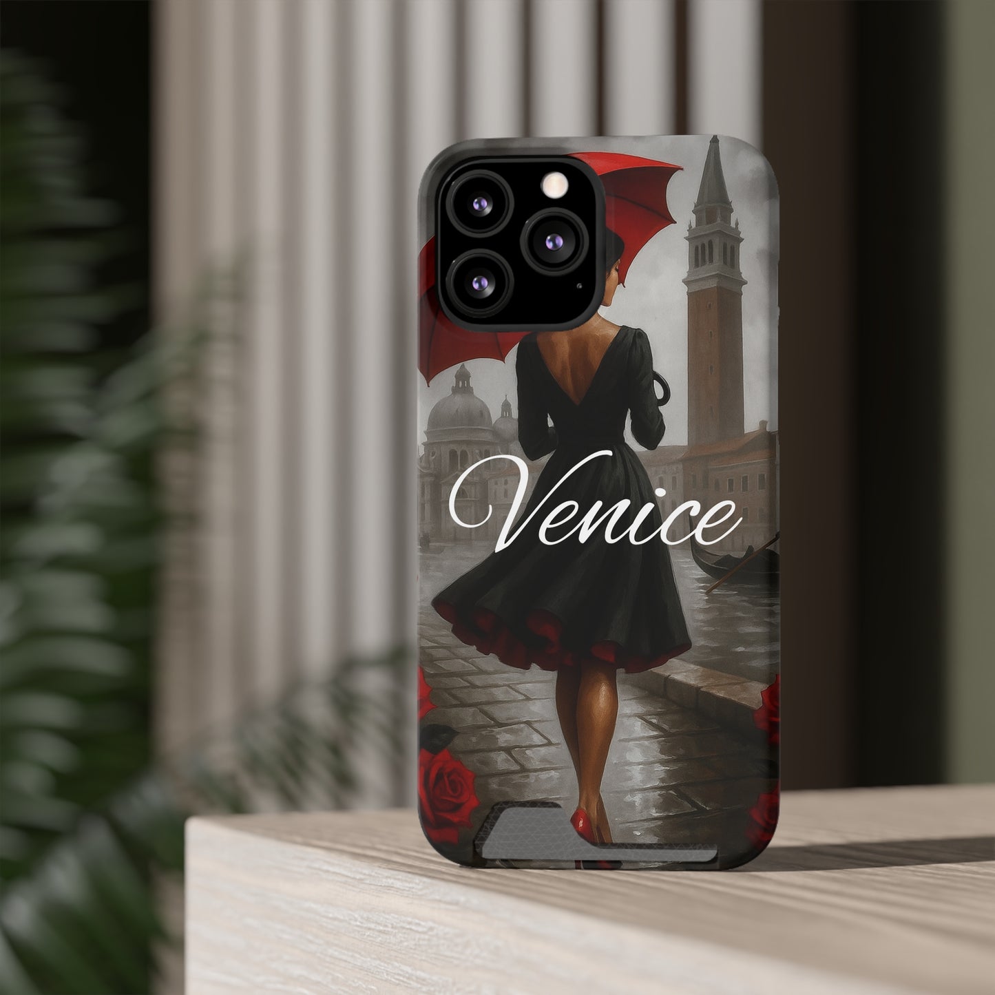 Phone Case With Card Holder, Venice Woman Design, Rainy Day Phone Wallet, Traveler Gift, Italian Art Accessory, Cute Cellphone Cover