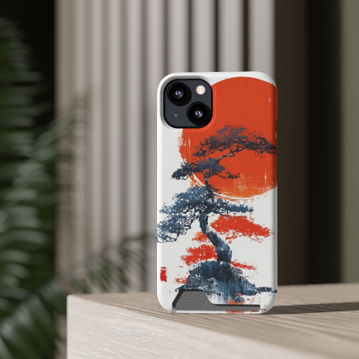 Artistic Phone Case with Card Holder, Japanese Tree Design, Minimalist Style, Perfect Gift for Nature Lovers, Functional Accessory