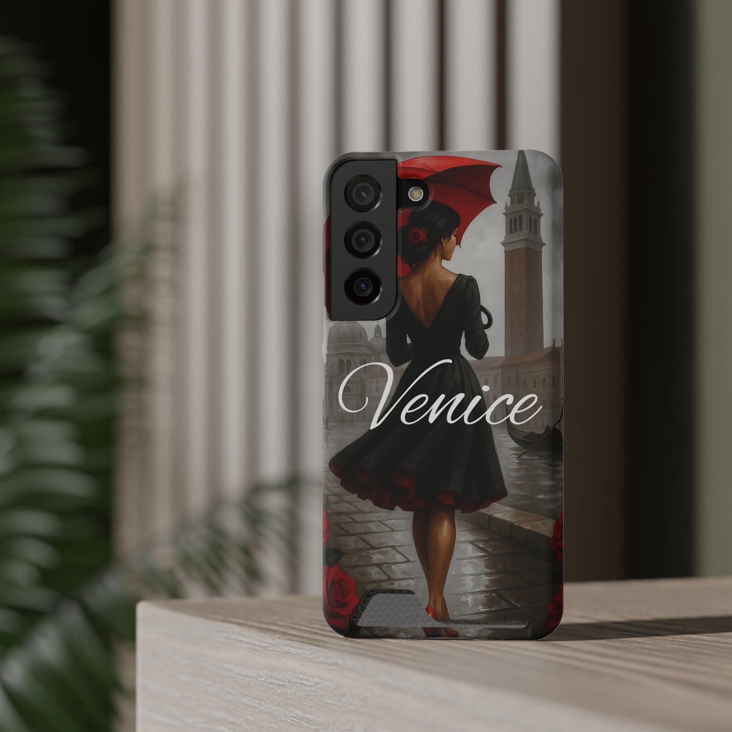 Phone Case With Card Holder, Venice Woman Design, Rainy Day Phone Wallet, Traveler Gift, Italian Art Accessory, Cute Cellphone Cover