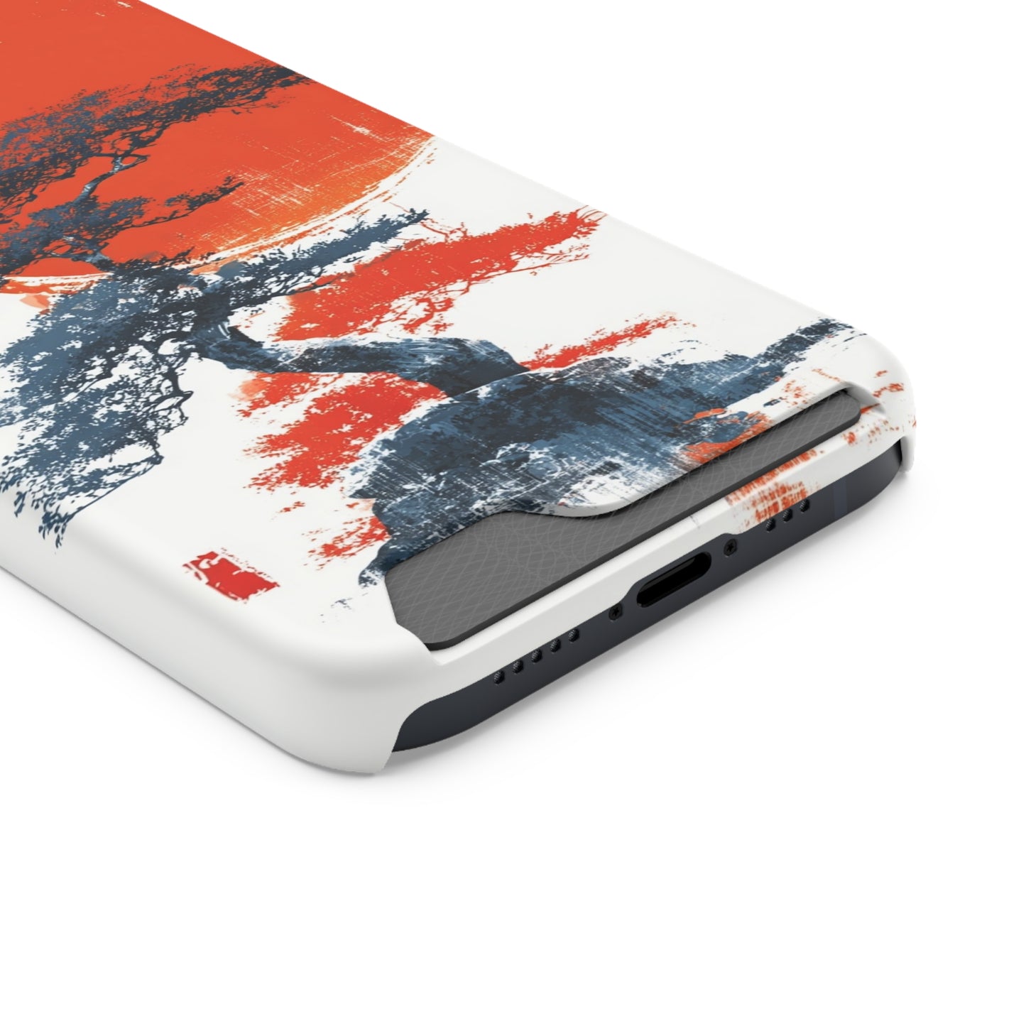 Artistic Phone Case with Card Holder, Japanese Tree Design, Minimalist Style, Perfect Gift for Nature Lovers, Functional Accessory