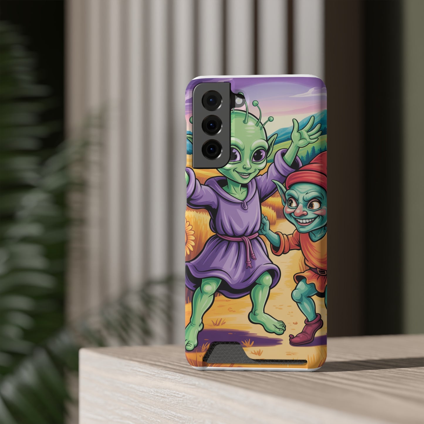 Playful Alien Phone Case with Card Holder | Cute Green Characters | Gift for Kids, Sci-Fi Fanatic, Birthday Fun, Unique Design