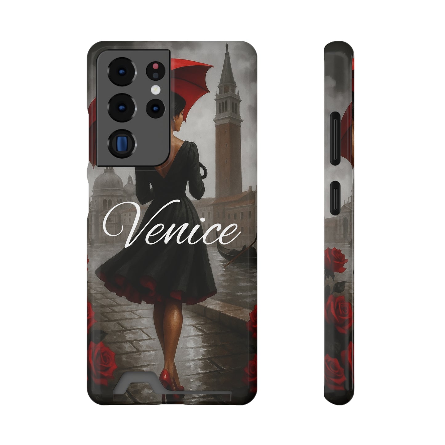 Phone Case With Card Holder, Venice Woman Design, Rainy Day Phone Wallet, Traveler Gift, Italian Art Accessory, Cute Cellphone Cover