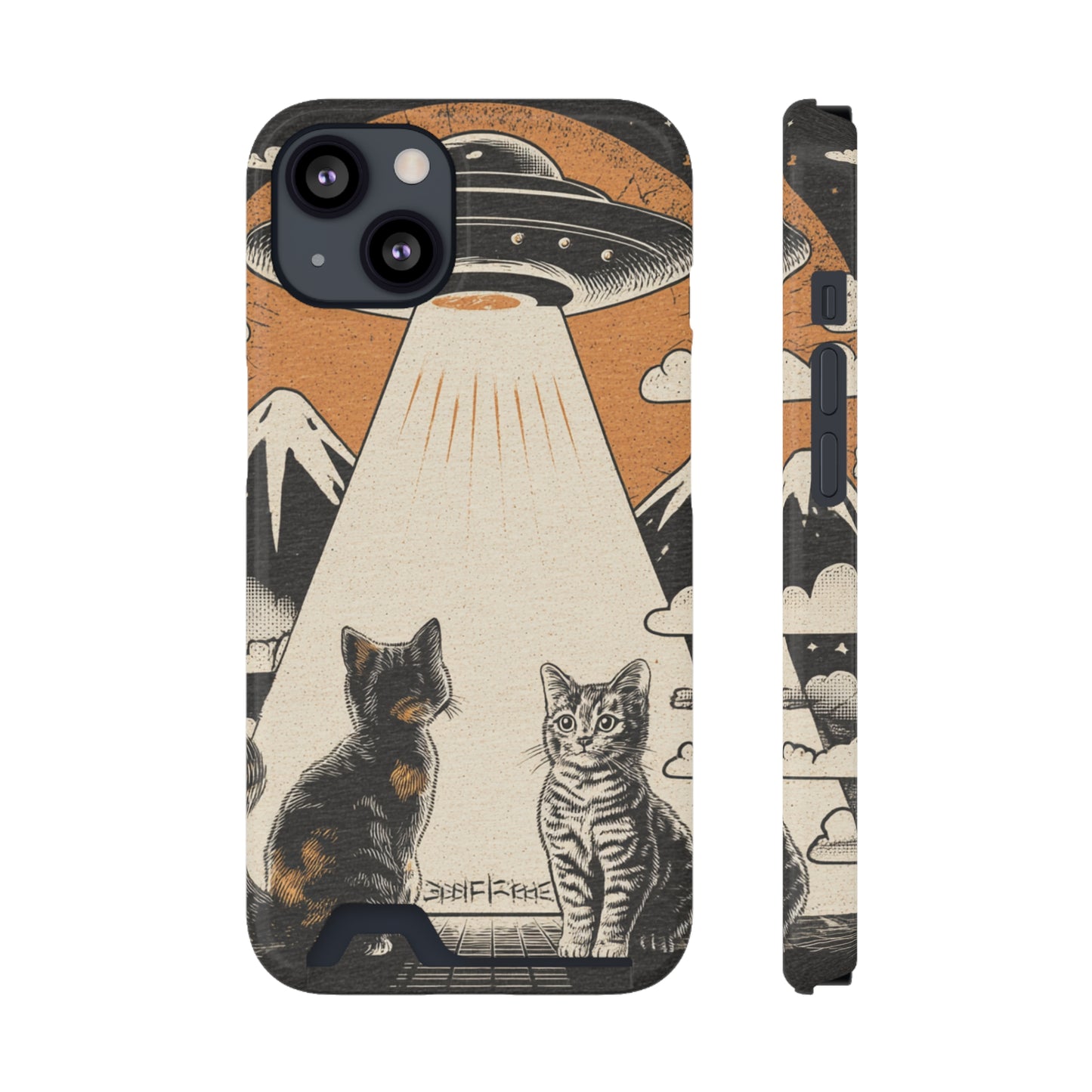 Cat UFO Phone Case with Card Holder, Trendy Cat Lover Gift, Space Theme Accessories, Unique Pet Owner Present, Cute Feline Design
