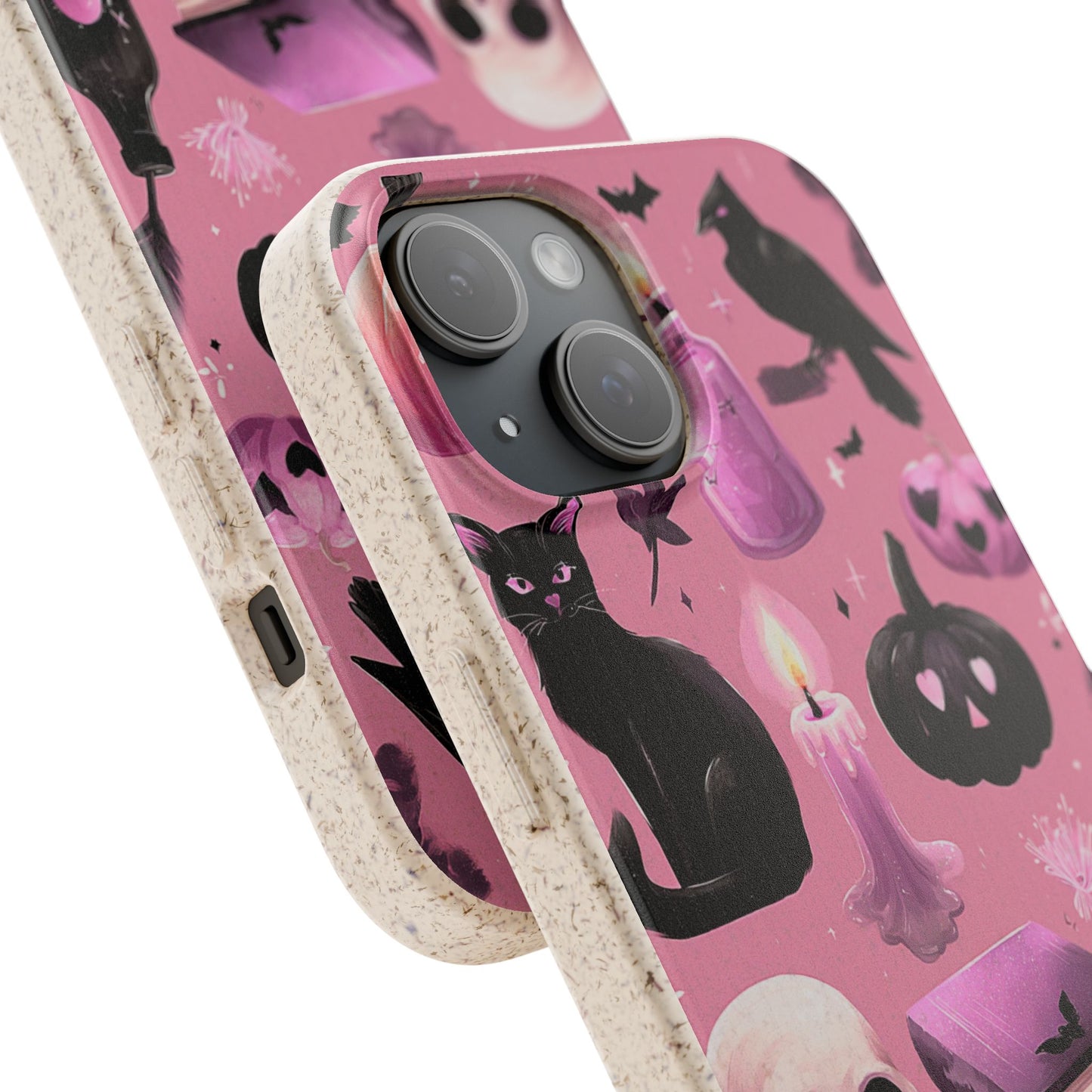 Eco-friendly biodegradable Halloween phone case with frosted finish and gothic pumpkin witchy design
