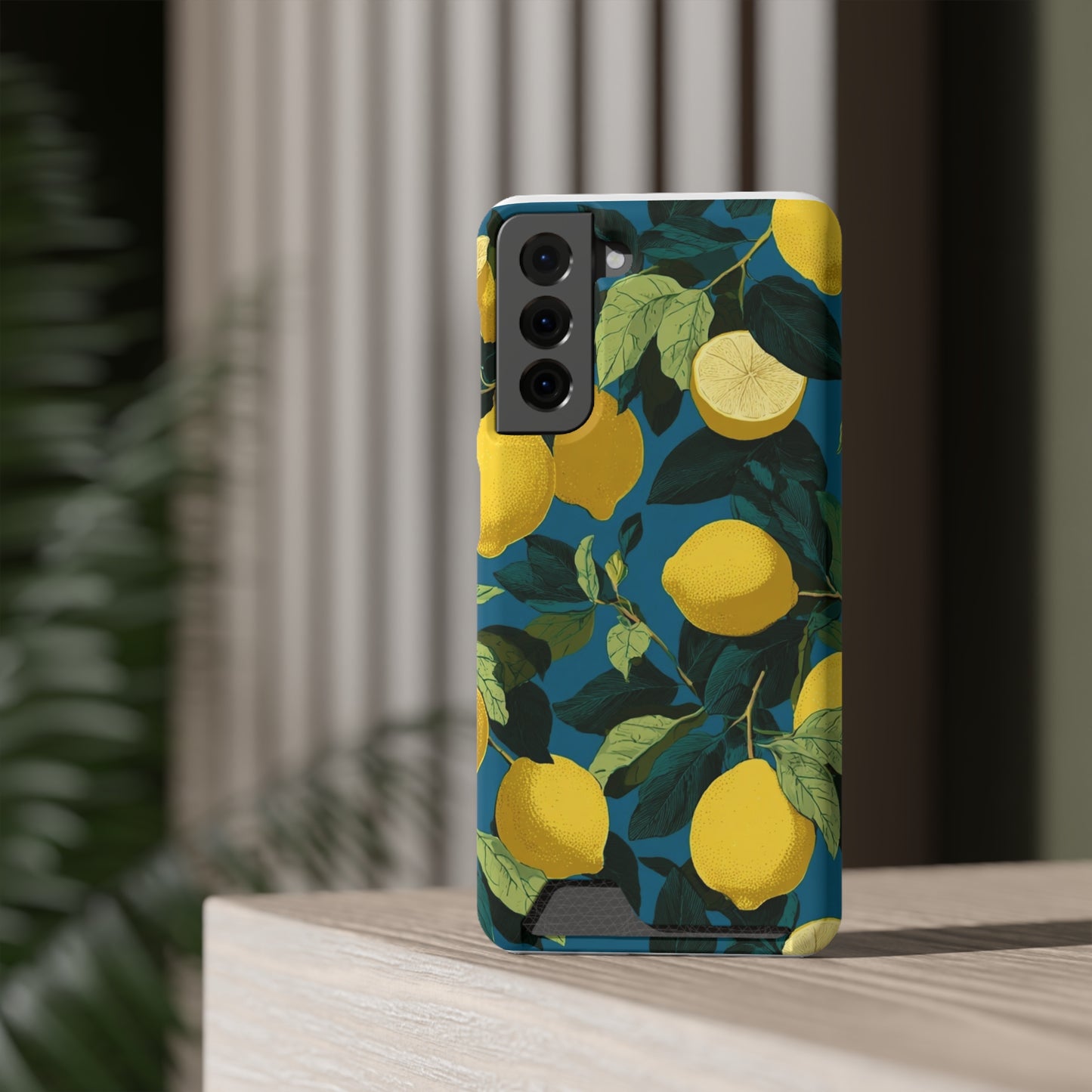 Lemon Print Phone Case with Card Holder, Chic Phone Accessory, Gift for Her, Cell Phone Cover, Summer Vibe, Floral Phone Case