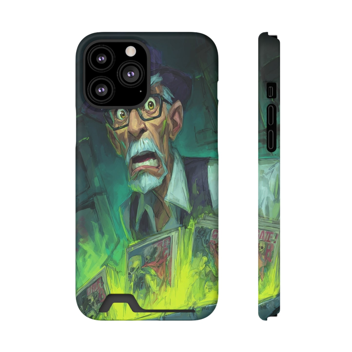 Spooky Illustrated Phone Case with Card Holder, Halloween Accessory, Unique Gift for Horror Fans, Stylish Phone Cover, Functional & Fun