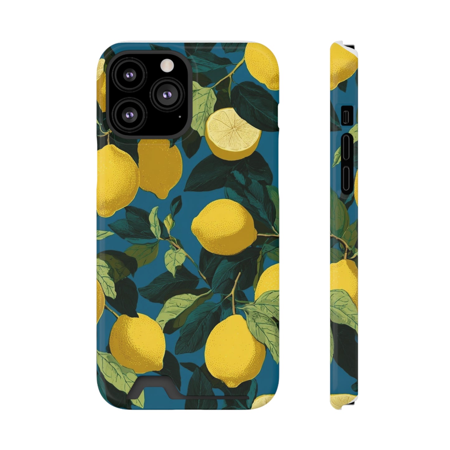 Lemon Print Phone Case with Card Holder, Chic Phone Accessory, Gift for Her, Cell Phone Cover, Summer Vibe, Floral Phone Case