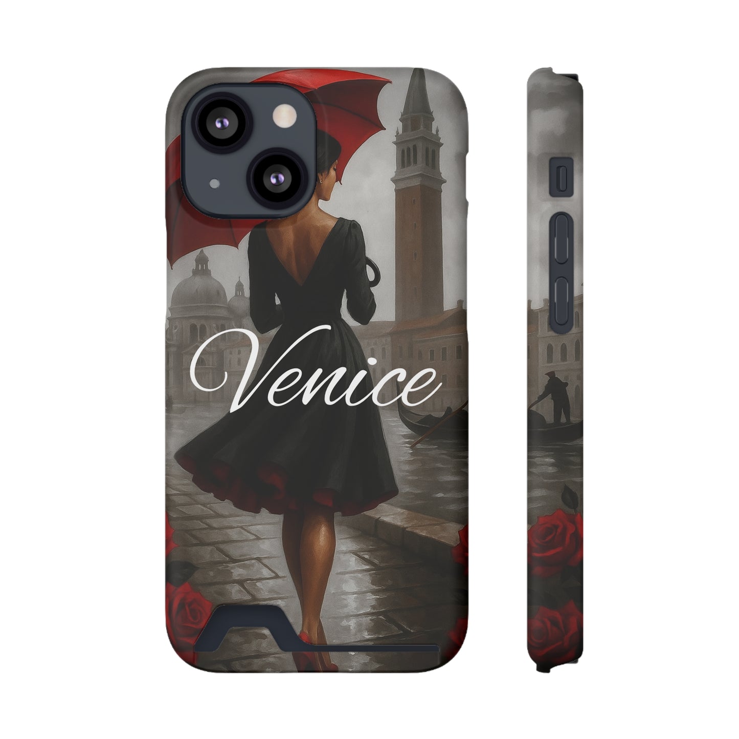 Phone Case With Card Holder, Venice Woman Design, Rainy Day Phone Wallet, Traveler Gift, Italian Art Accessory, Cute Cellphone Cover