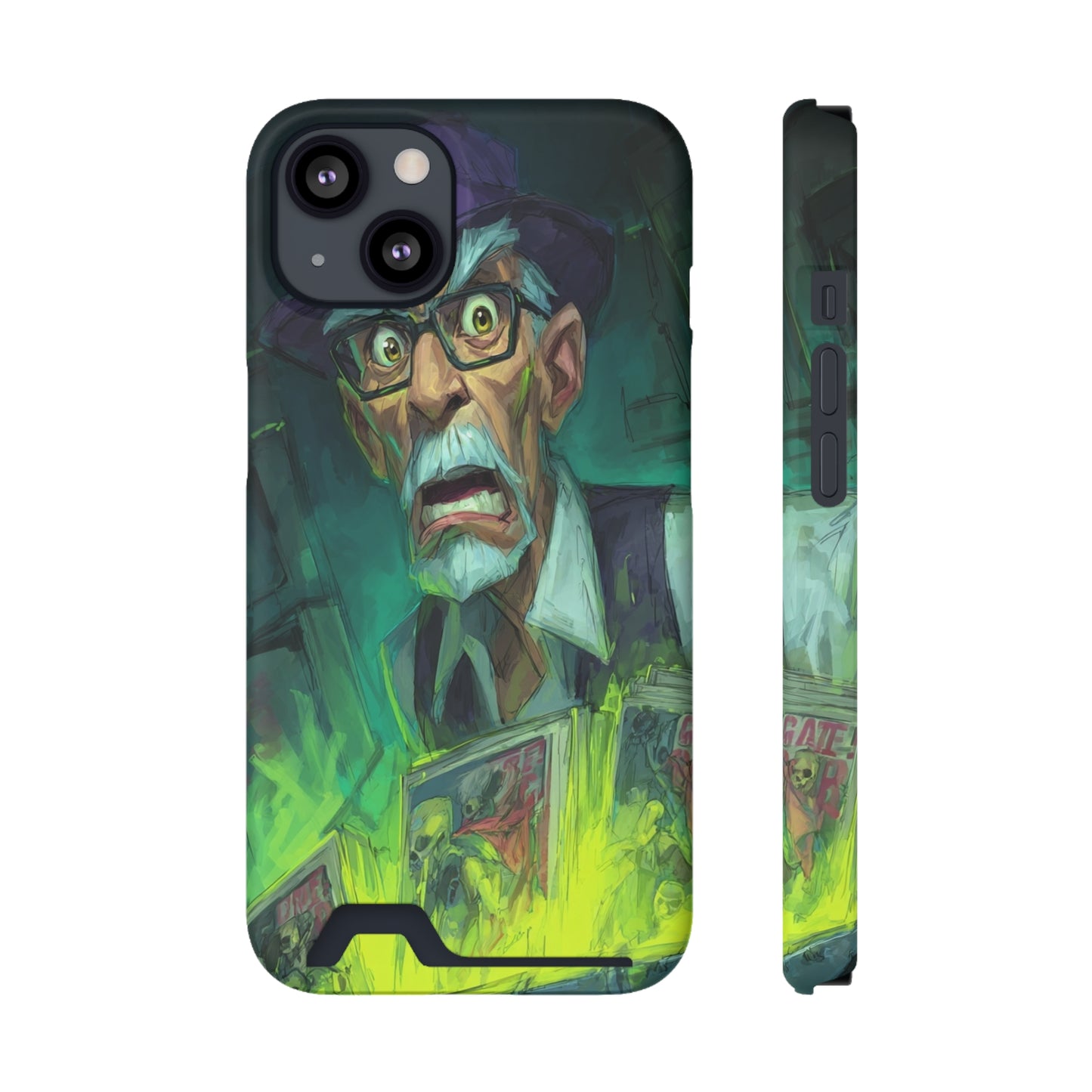 Spooky Illustrated Phone Case with Card Holder, Halloween Accessory, Unique Gift for Horror Fans, Stylish Phone Cover, Functional & Fun