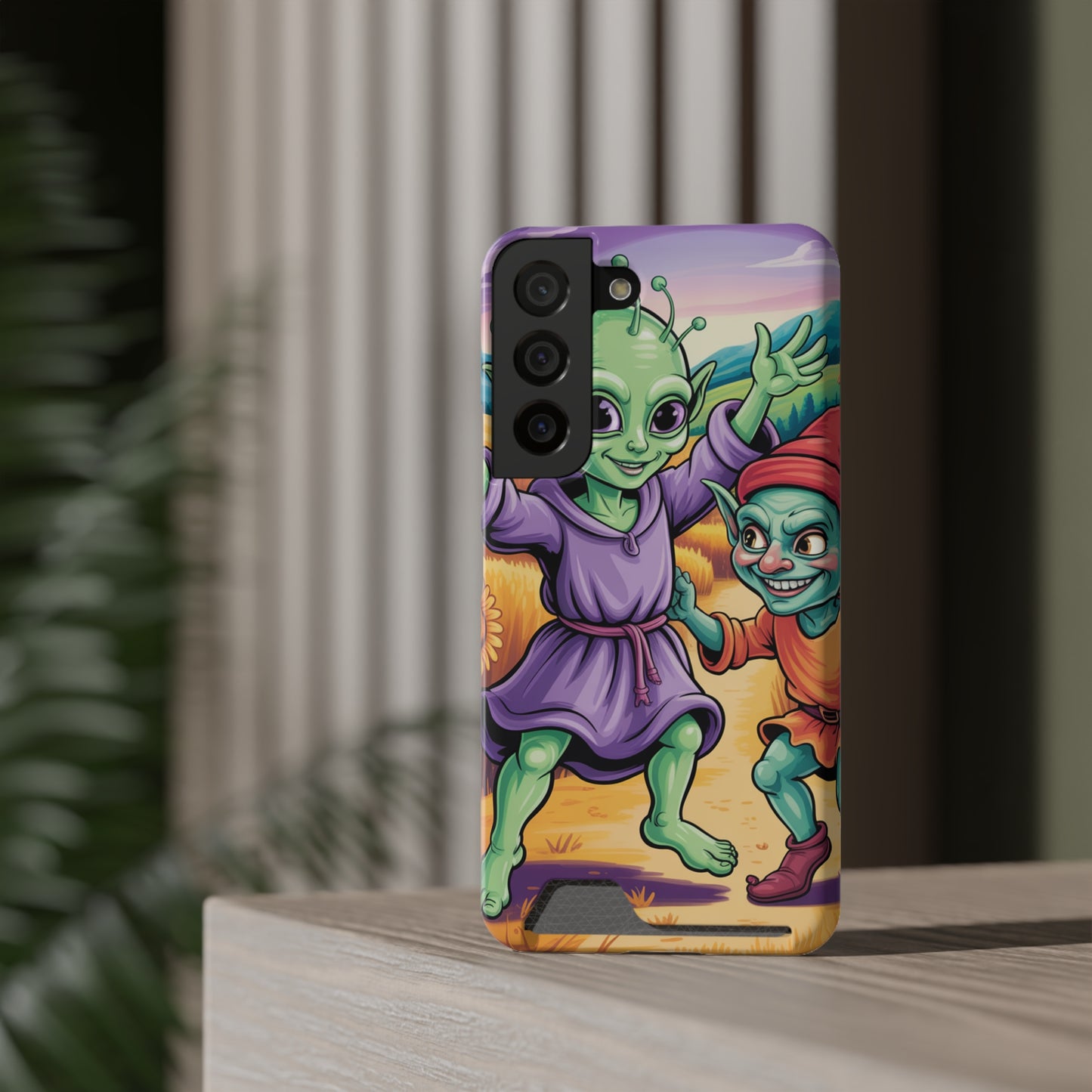 Playful Alien Phone Case with Card Holder | Cute Green Characters | Gift for Kids, Sci-Fi Fanatic, Birthday Fun, Unique Design