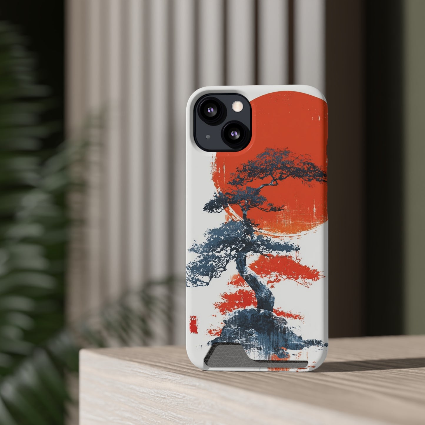 Artistic Phone Case with Card Holder, Japanese Tree Design, Minimalist Style, Perfect Gift for Nature Lovers, Functional Accessory