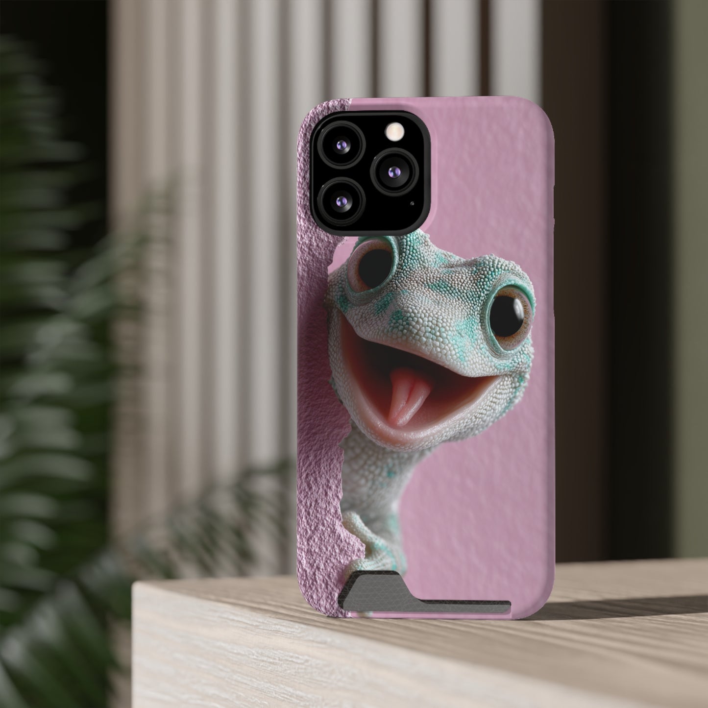 Fun Gecko Phone Case with Card Holder, Cute Cell Phone Accessory, Animal Lover Gift, Party Favor, Unique Phone Cover