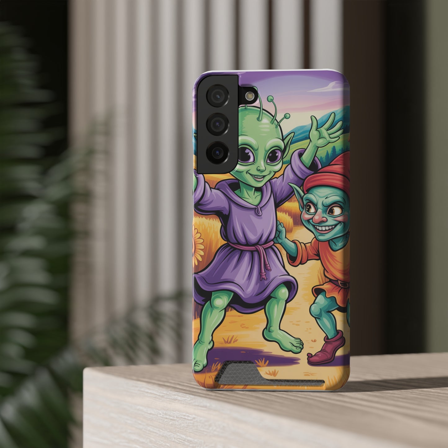 Playful Alien Phone Case with Card Holder | Cute Green Characters | Gift for Kids, Sci-Fi Fanatic, Birthday Fun, Unique Design