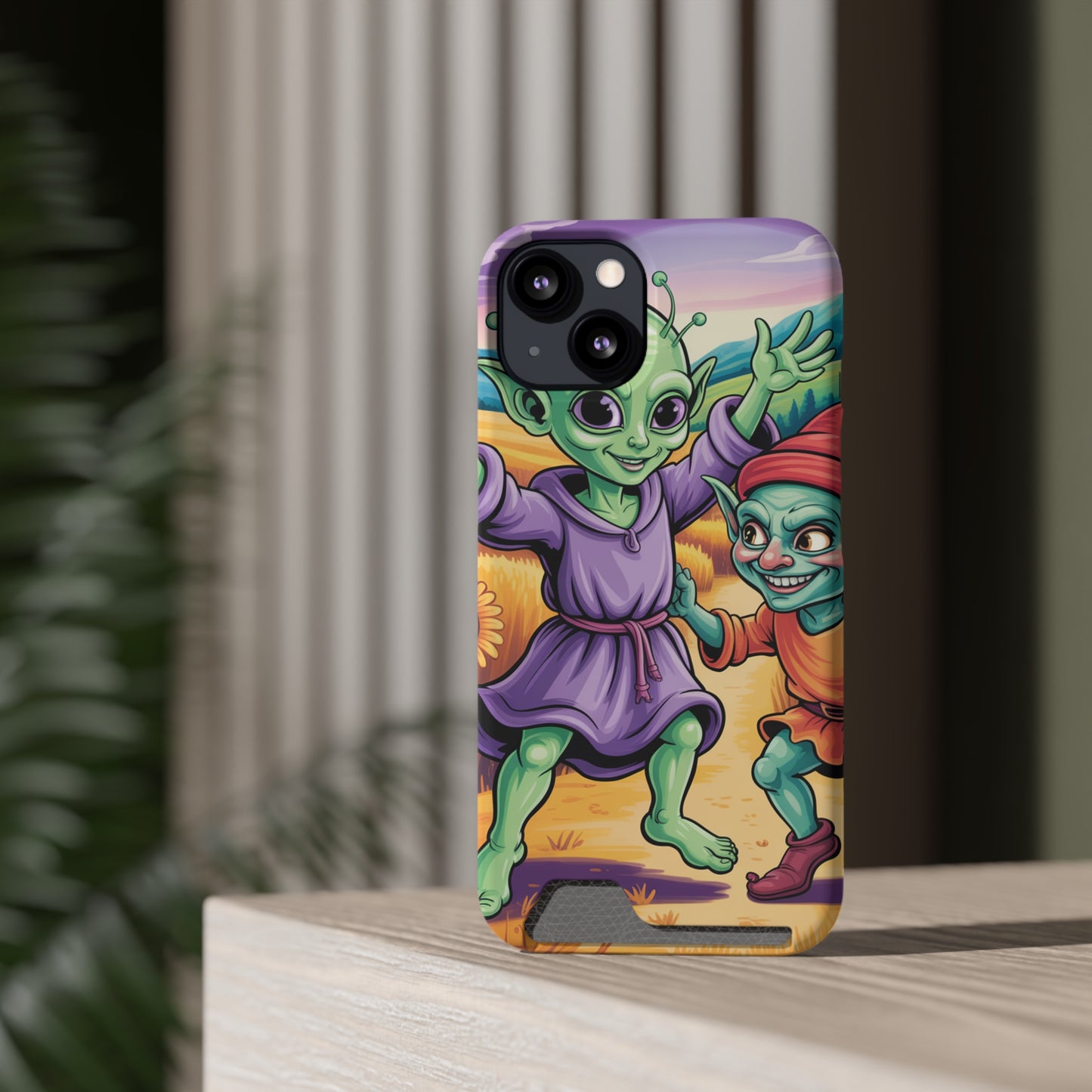 Playful Alien Phone Case with Card Holder | Cute Green Characters | Gift for Kids, Sci-Fi Fanatic, Birthday Fun, Unique Design