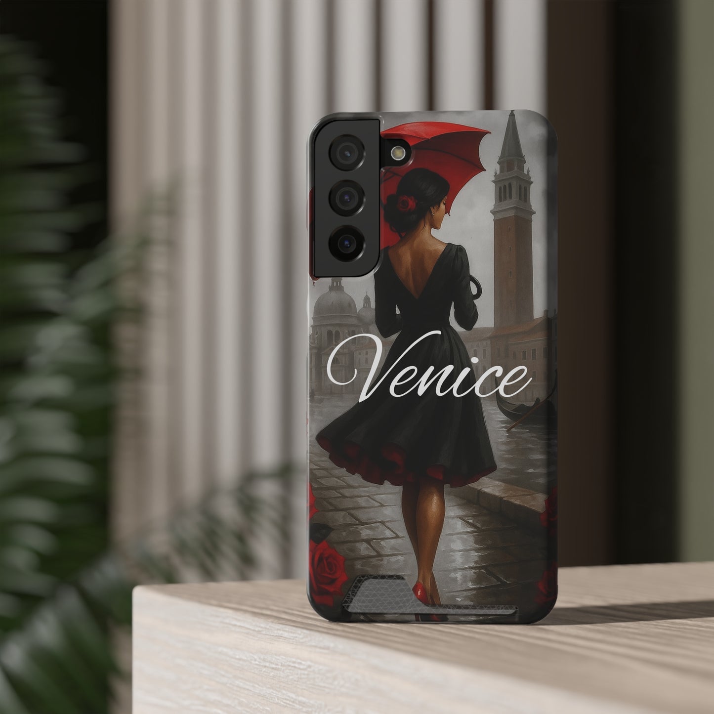 Phone Case With Card Holder, Venice Woman Design, Rainy Day Phone Wallet, Traveler Gift, Italian Art Accessory, Cute Cellphone Cover