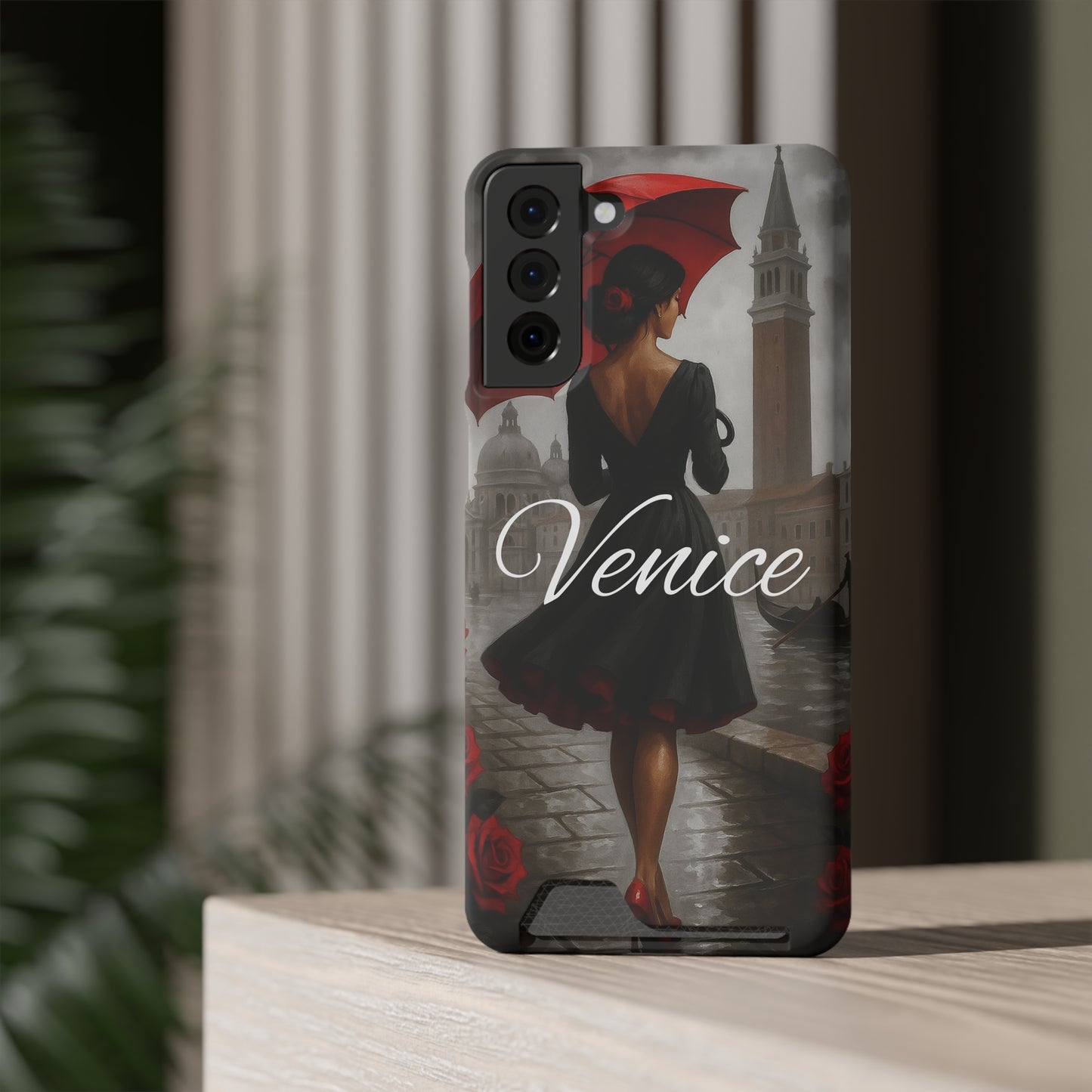 Phone Case With Card Holder, Venice Woman Design, Rainy Day Phone Wallet, Traveler Gift, Italian Art Accessory, Cute Cellphone Cover