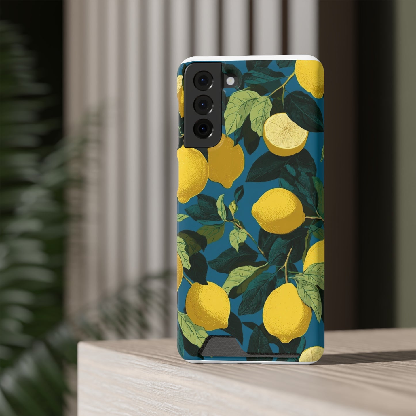 Lemon Print Phone Case with Card Holder, Chic Phone Accessory, Gift for Her, Cell Phone Cover, Summer Vibe, Floral Phone Case