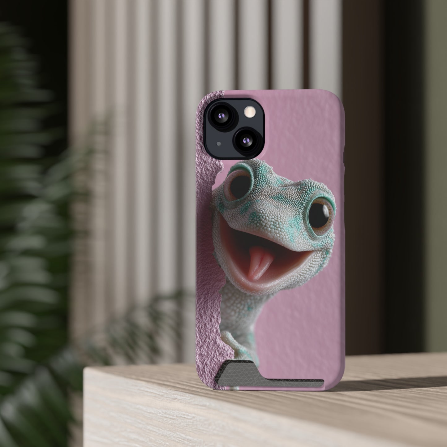 Fun Gecko Phone Case with Card Holder, Cute Cell Phone Accessory, Animal Lover Gift, Party Favor, Unique Phone Cover