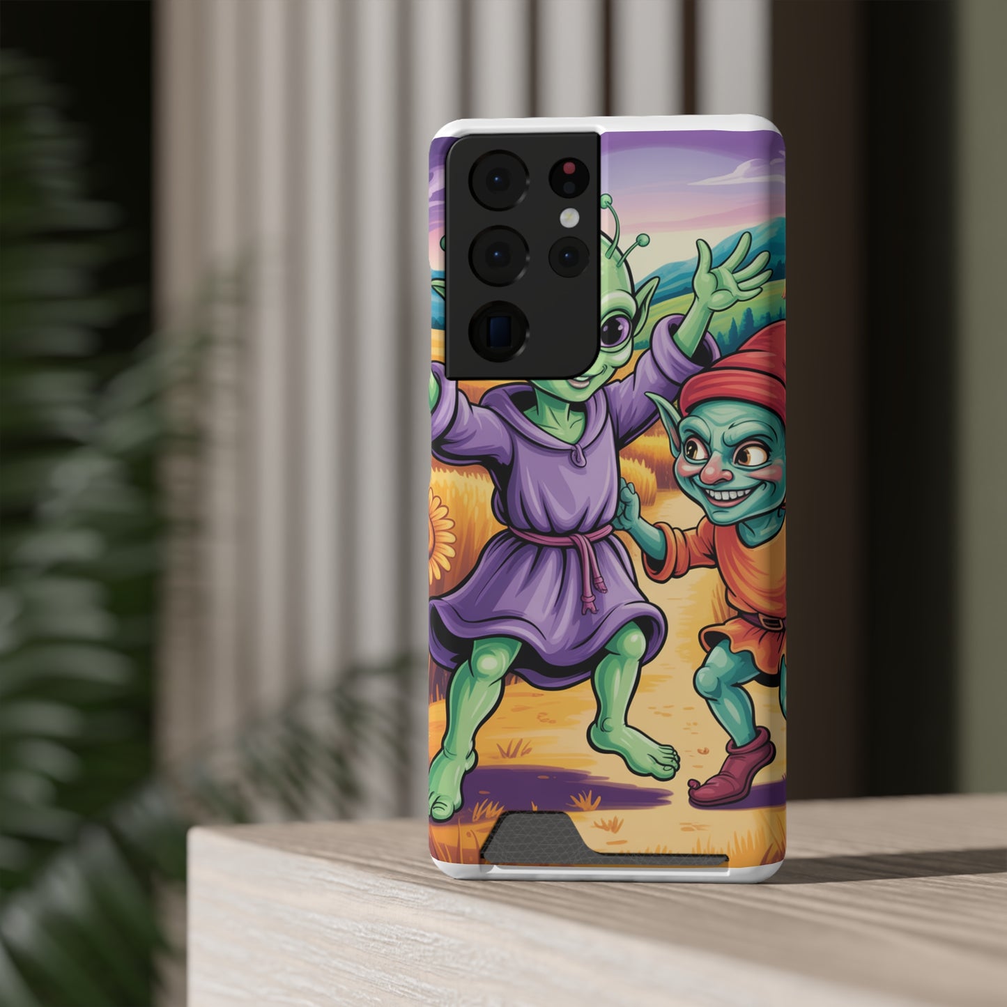 Playful Alien Phone Case with Card Holder | Cute Green Characters | Gift for Kids, Sci-Fi Fanatic, Birthday Fun, Unique Design