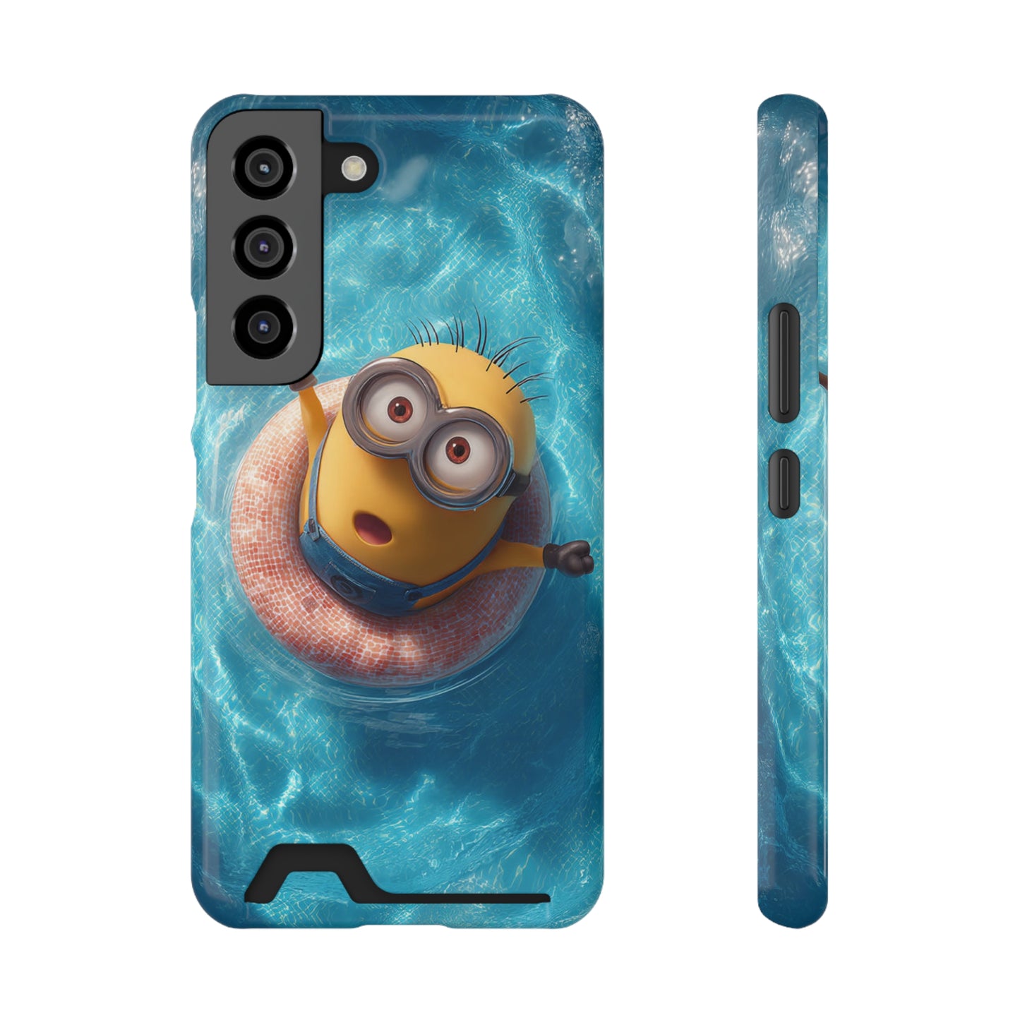 Bright yellow Minion character phone case with card holder slot showing playful cartoon design on colorful background