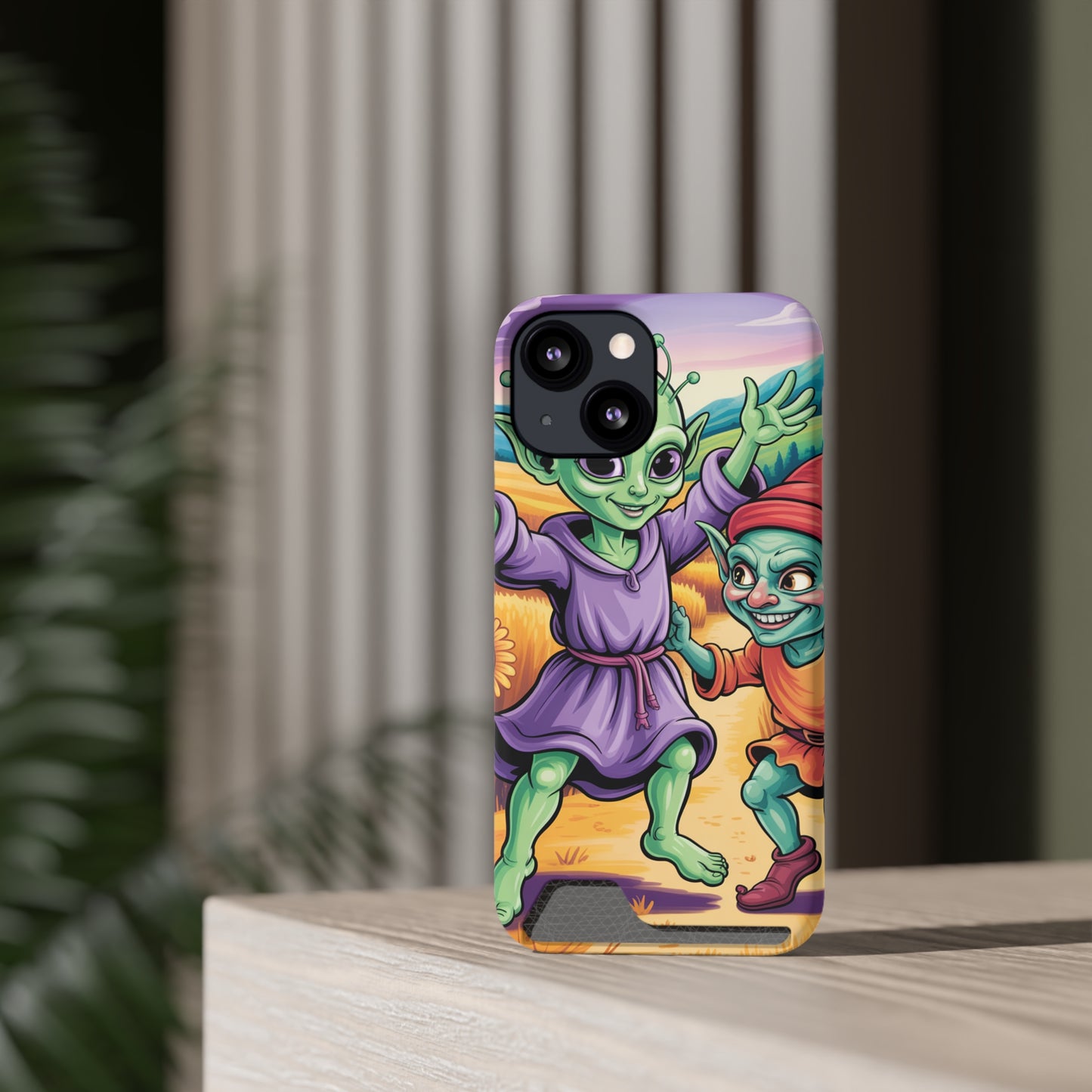 Playful Alien Phone Case with Card Holder | Cute Green Characters | Gift for Kids, Sci-Fi Fanatic, Birthday Fun, Unique Design