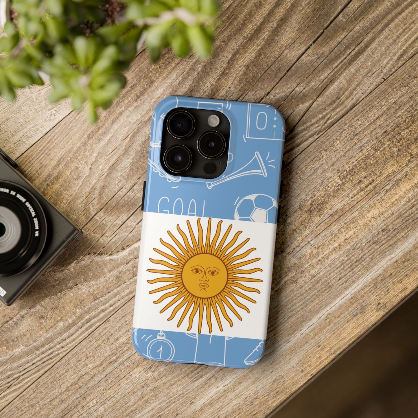 Argentina flag tough phone case with golden sun and sky-blue soccer gear illustration