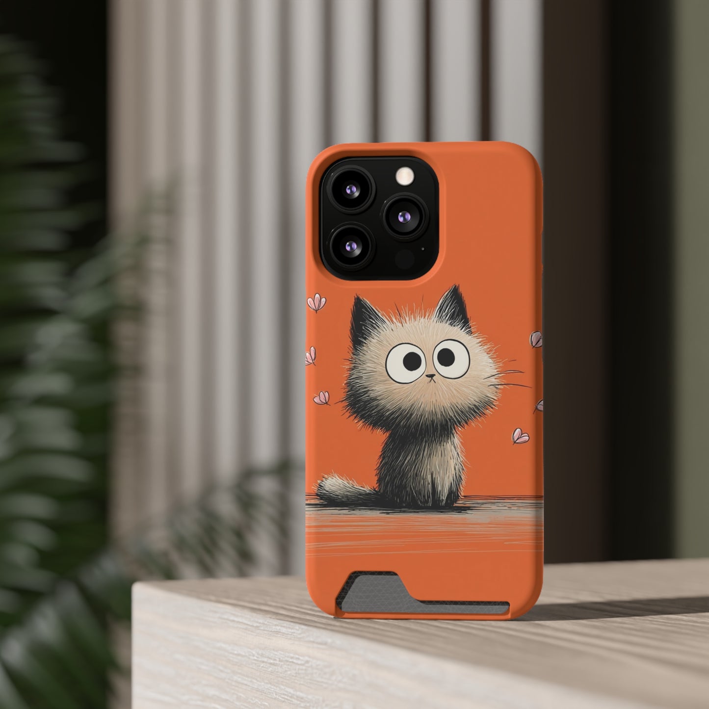 Cute Cat Phone Case with Card Holder, Playful Kitty Design, Pet Lover Gift, Cat Mom Accessory, Fun Birthday Present, Orange Cat Phone Case