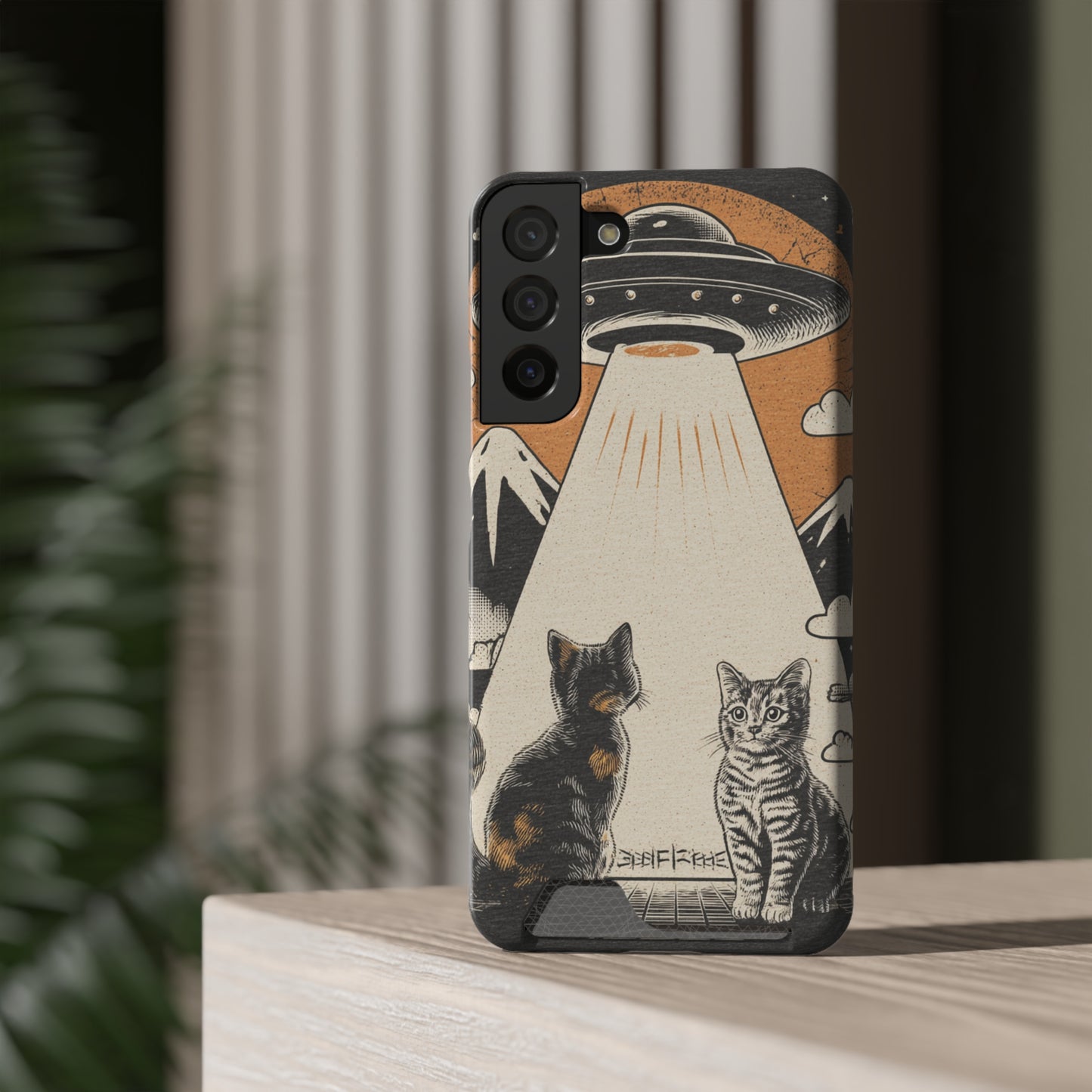 Cat UFO Phone Case with Card Holder, Trendy Cat Lover Gift, Space Theme Accessories, Unique Pet Owner Present, Cute Feline Design