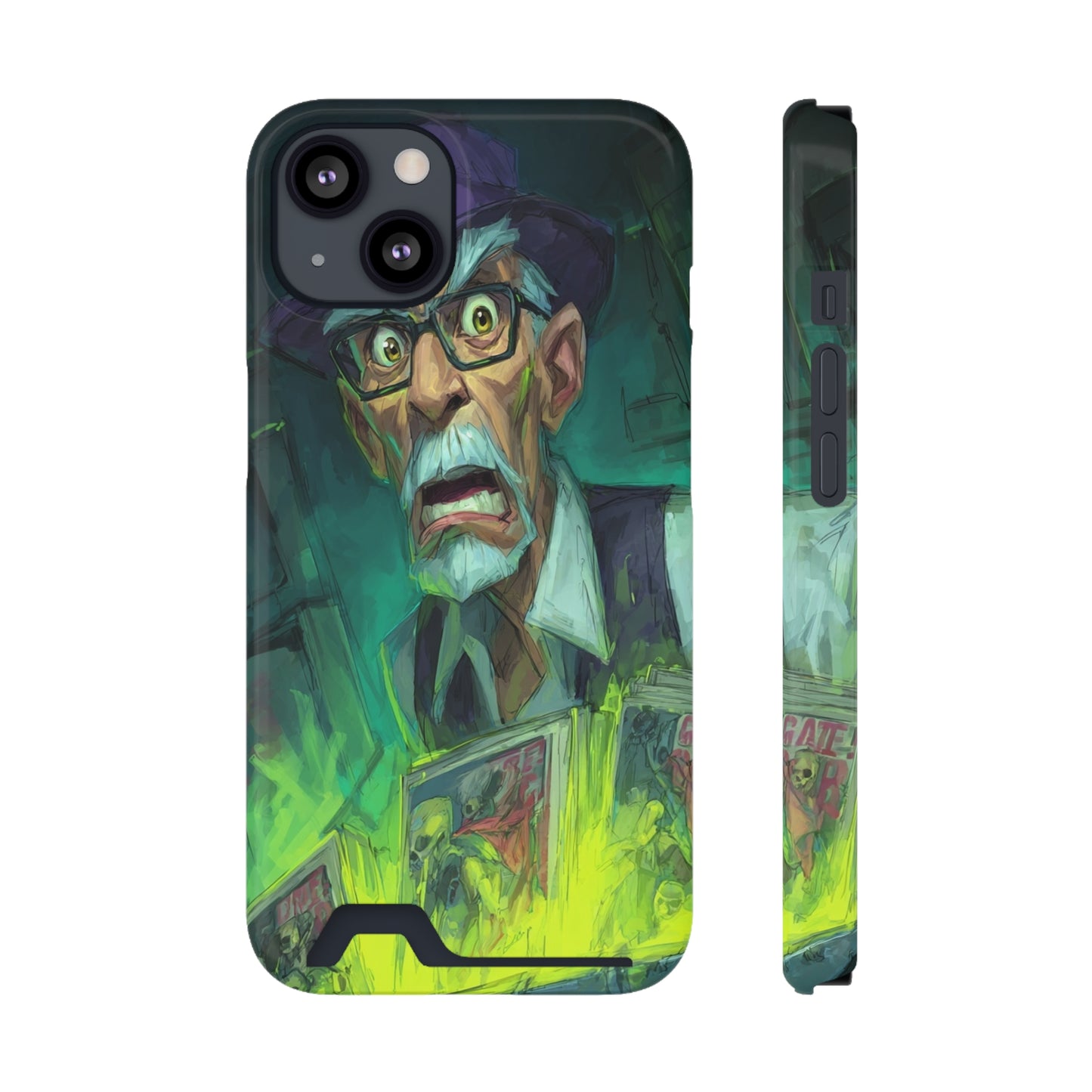 Spooky Illustrated Phone Case with Card Holder, Halloween Accessory, Unique Gift for Horror Fans, Stylish Phone Cover, Functional & Fun
