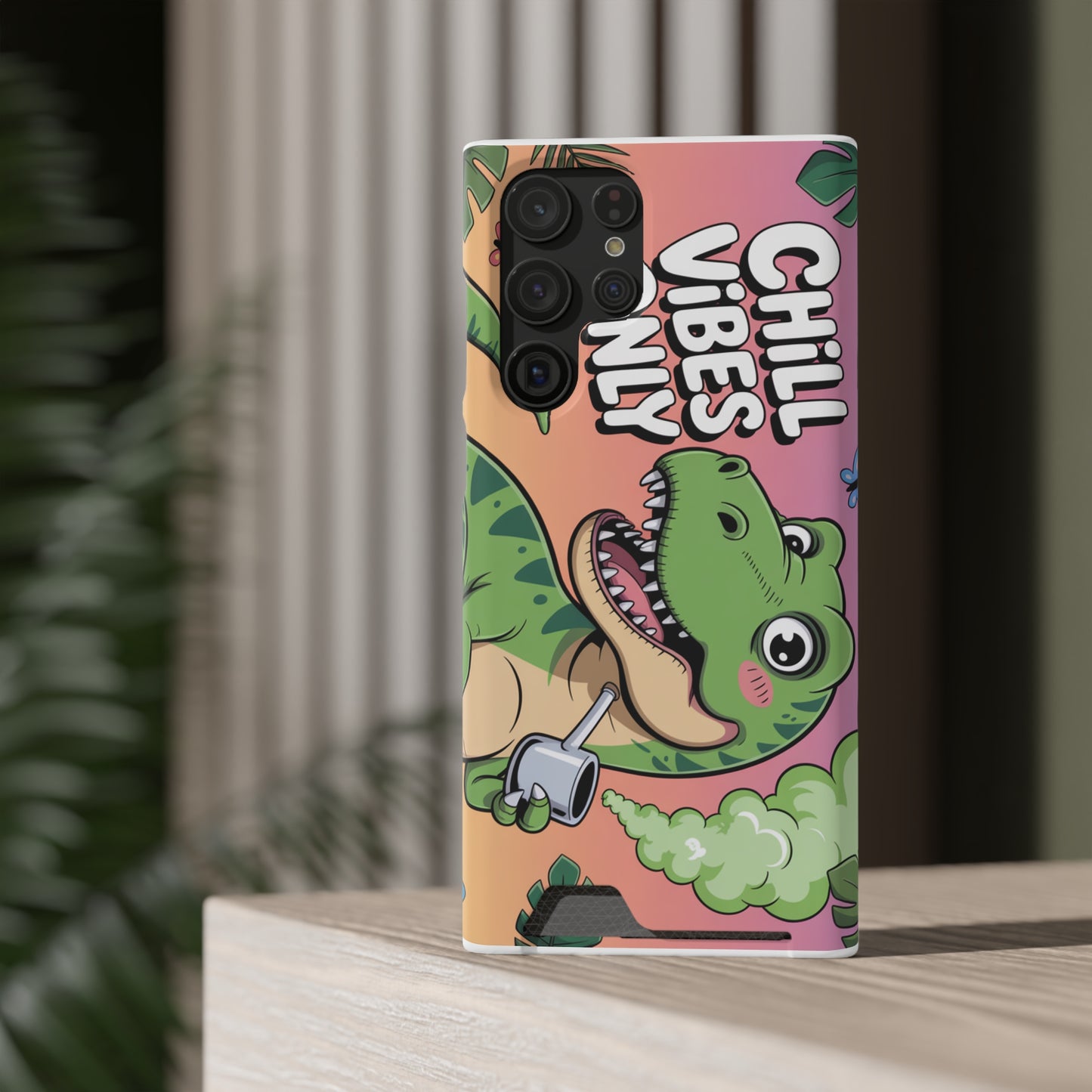 Chill Vibes Phone Case with Card Holder, Fun Dino Design for Teens, Cute Gift, Summer Vibes, Trendy Accessories
