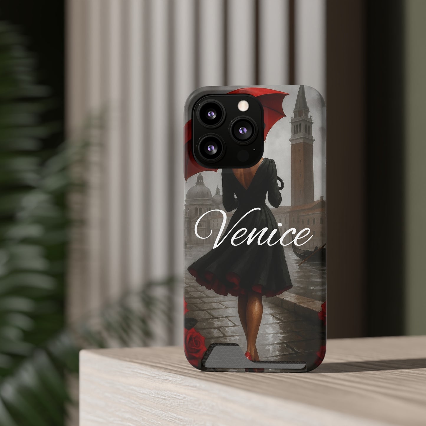 Phone Case With Card Holder, Venice Woman Design, Rainy Day Phone Wallet, Traveler Gift, Italian Art Accessory, Cute Cellphone Cover