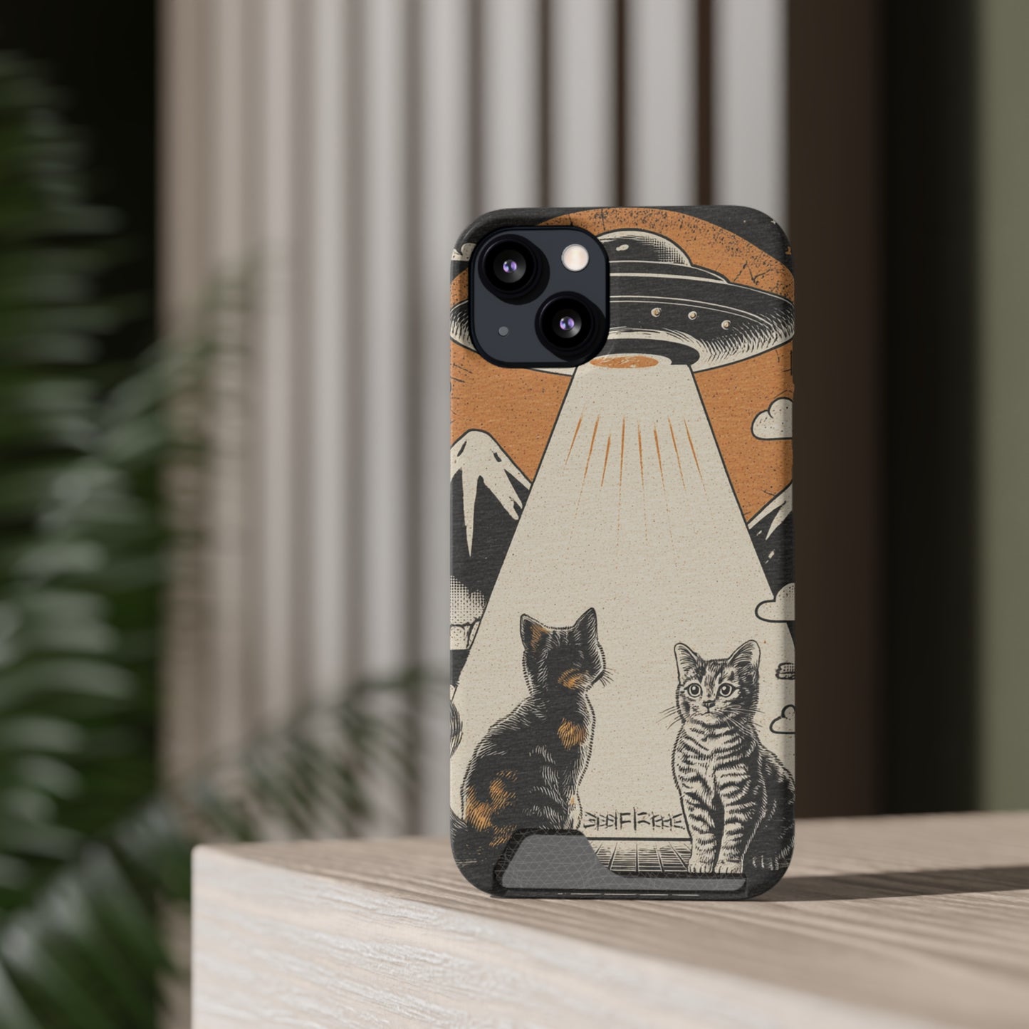 Cat UFO Phone Case with Card Holder, Trendy Cat Lover Gift, Space Theme Accessories, Unique Pet Owner Present, Cute Feline Design