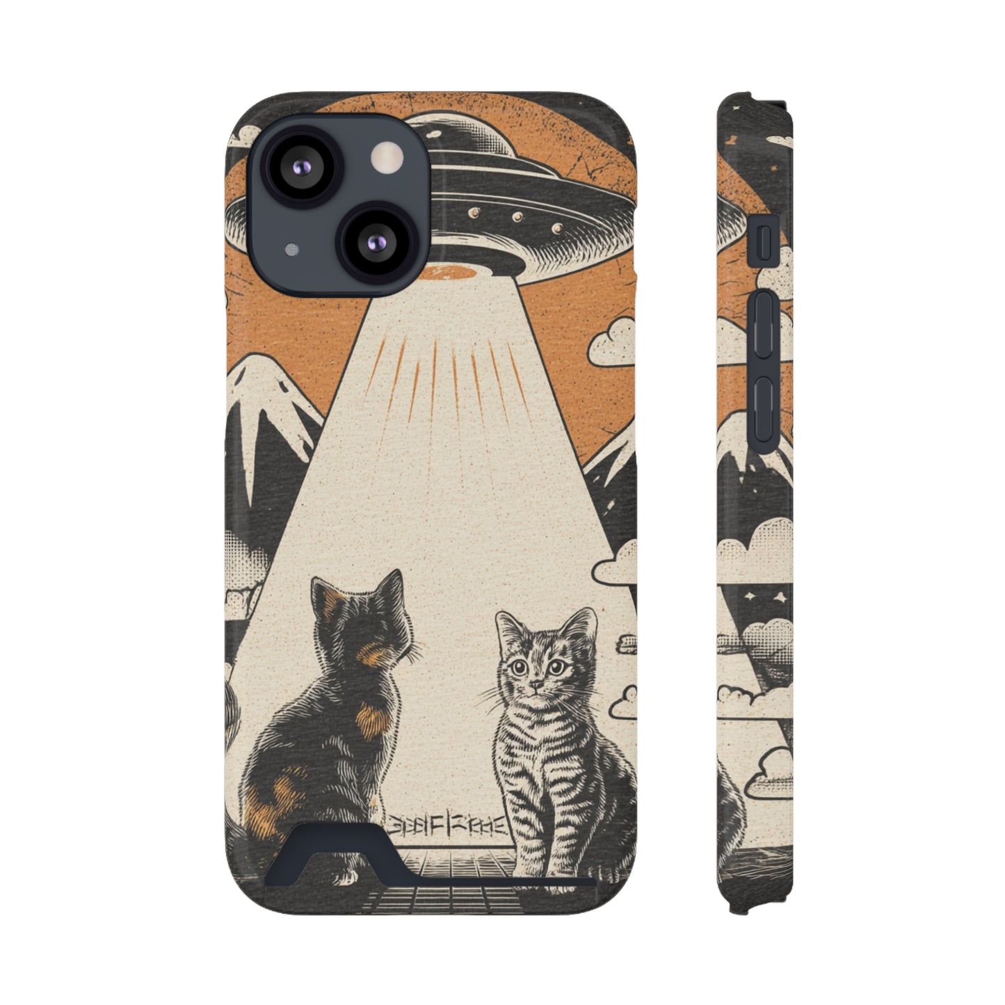Cat UFO Phone Case with Card Holder, Trendy Cat Lover Gift, Space Theme Accessories, Unique Pet Owner Present, Cute Feline Design