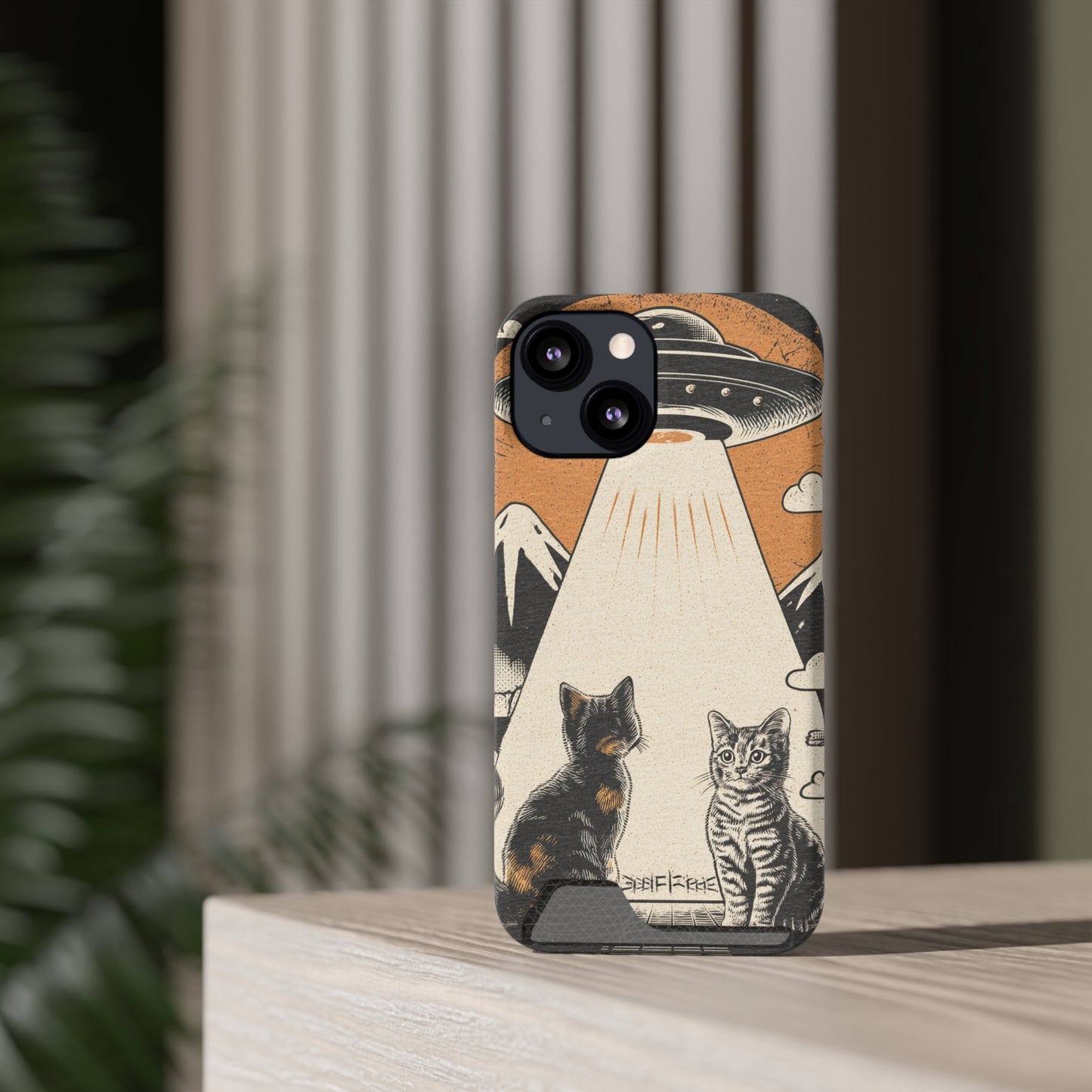 Cat UFO Phone Case with Card Holder, Trendy Cat Lover Gift, Space Theme Accessories, Unique Pet Owner Present, Cute Feline Design